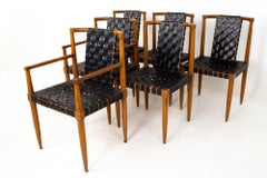 Jens Risom Style Tomlinson MCM Walnut and Leather Strap Dining Chairs - Set of 6