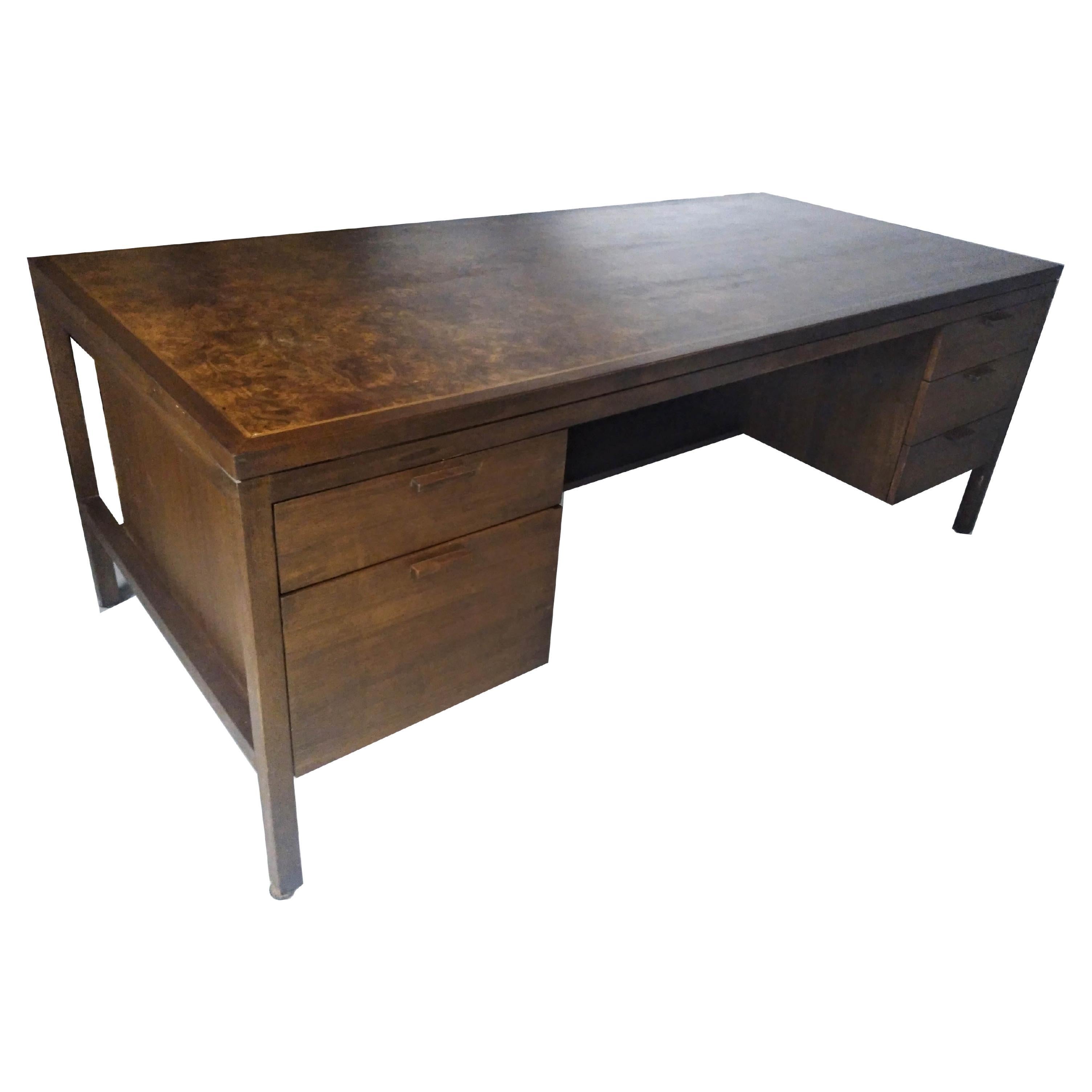 Jens Risom Walnut Carpathian Elm Burl Desk For Sale