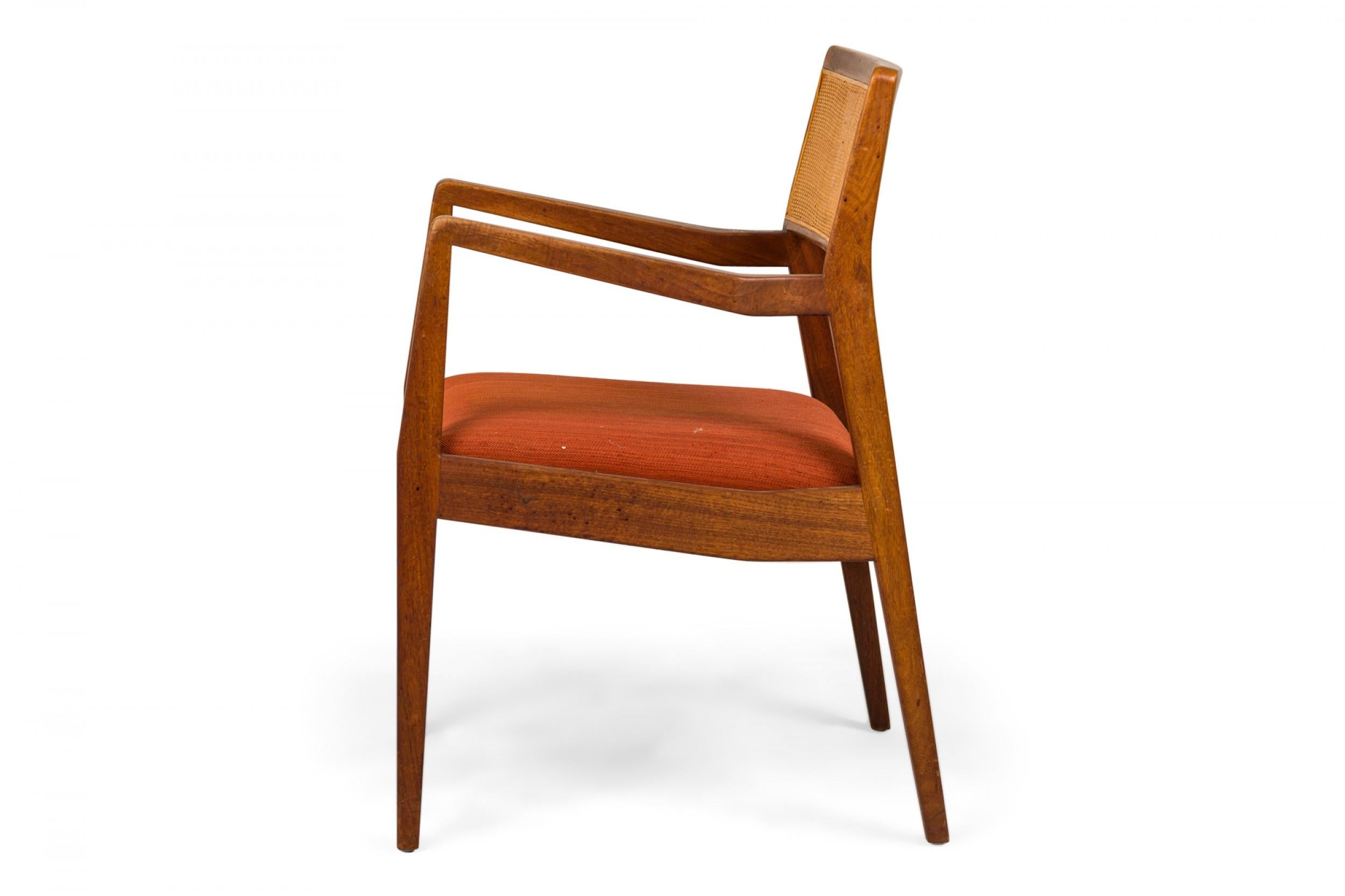 Mid-Century Modern Jens Risom Teak, Caning, and Orange Upholstery Conference Armchairs For Sale