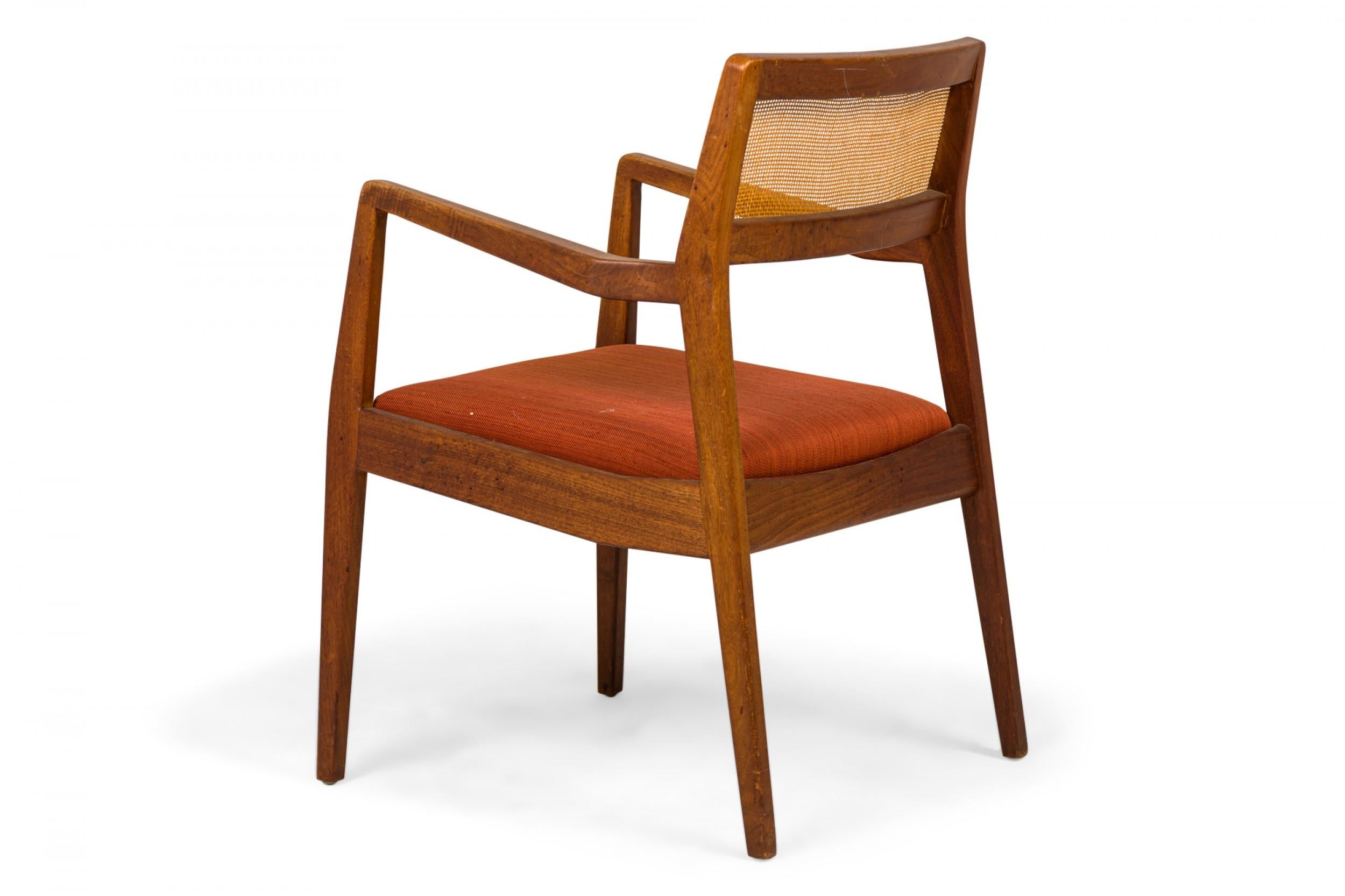 Danish Jens Risom Teak, Caning, and Orange Upholstery Conference Armchairs For Sale