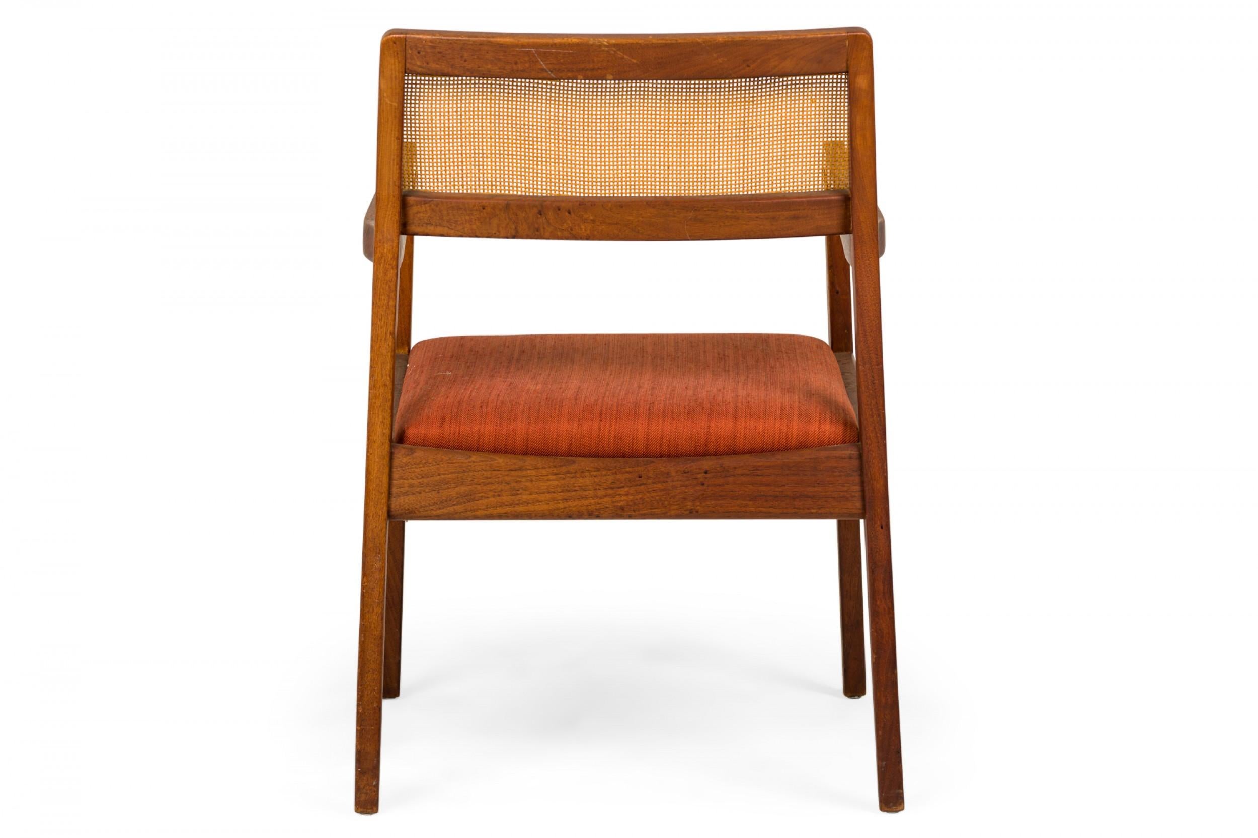 Jens Risom Teak, Caning, and Orange Upholstery Conference Armchairs In Good Condition For Sale In New York, NY