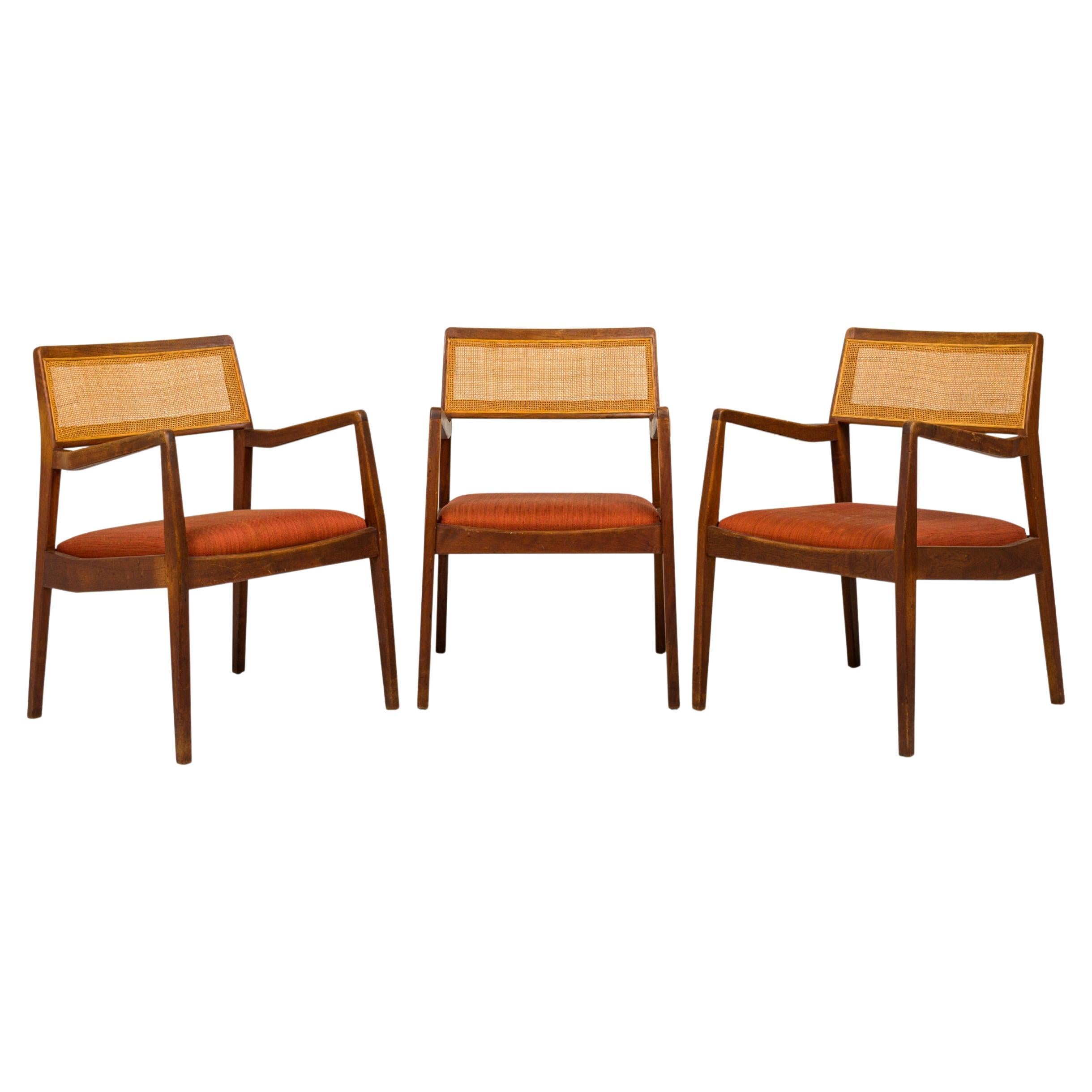 Jens Risom Teak, Caning, and Orange Upholstery Conference Armchairs For Sale