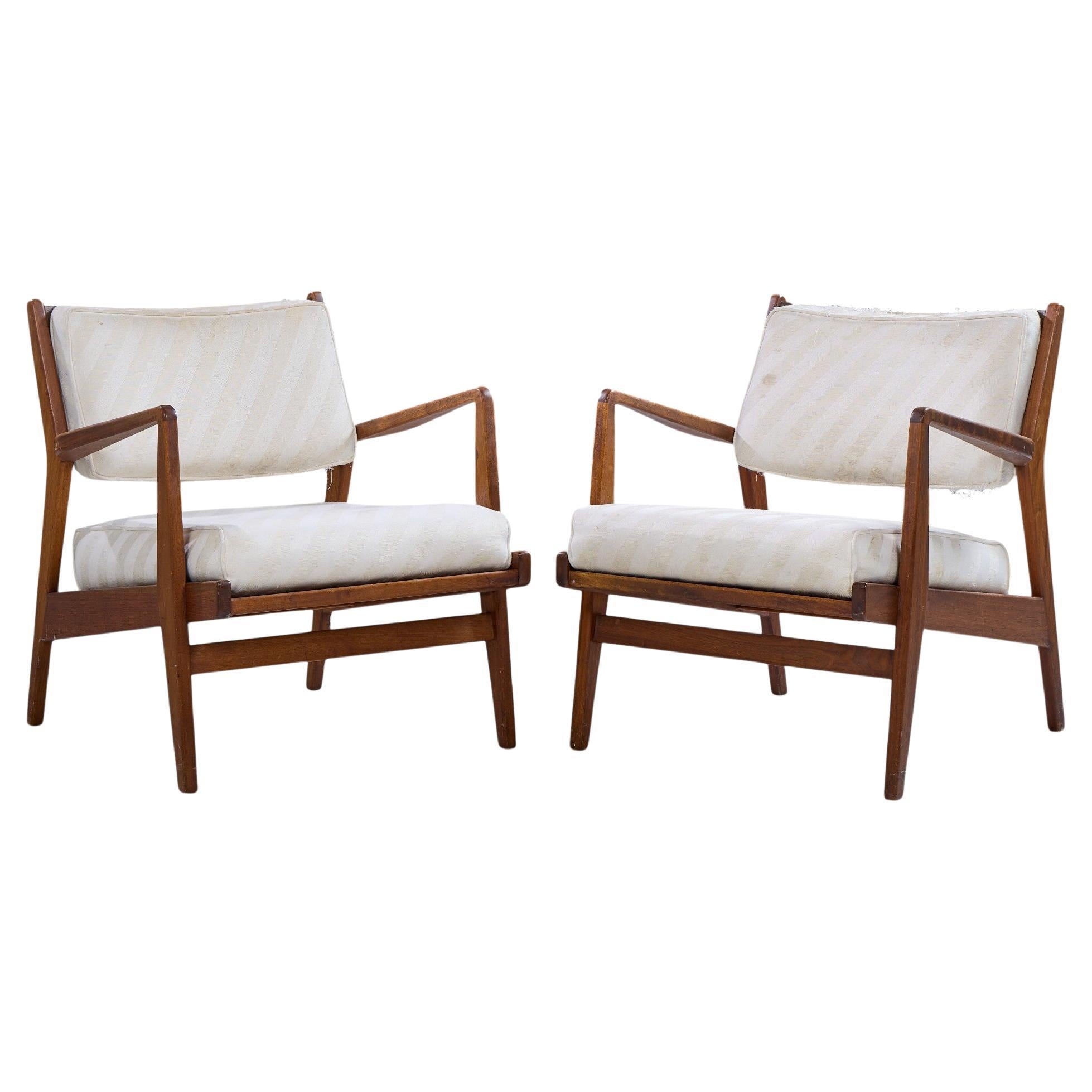 Jens Risom U430 Mid Century Walnut Lounge Chairs - Pair