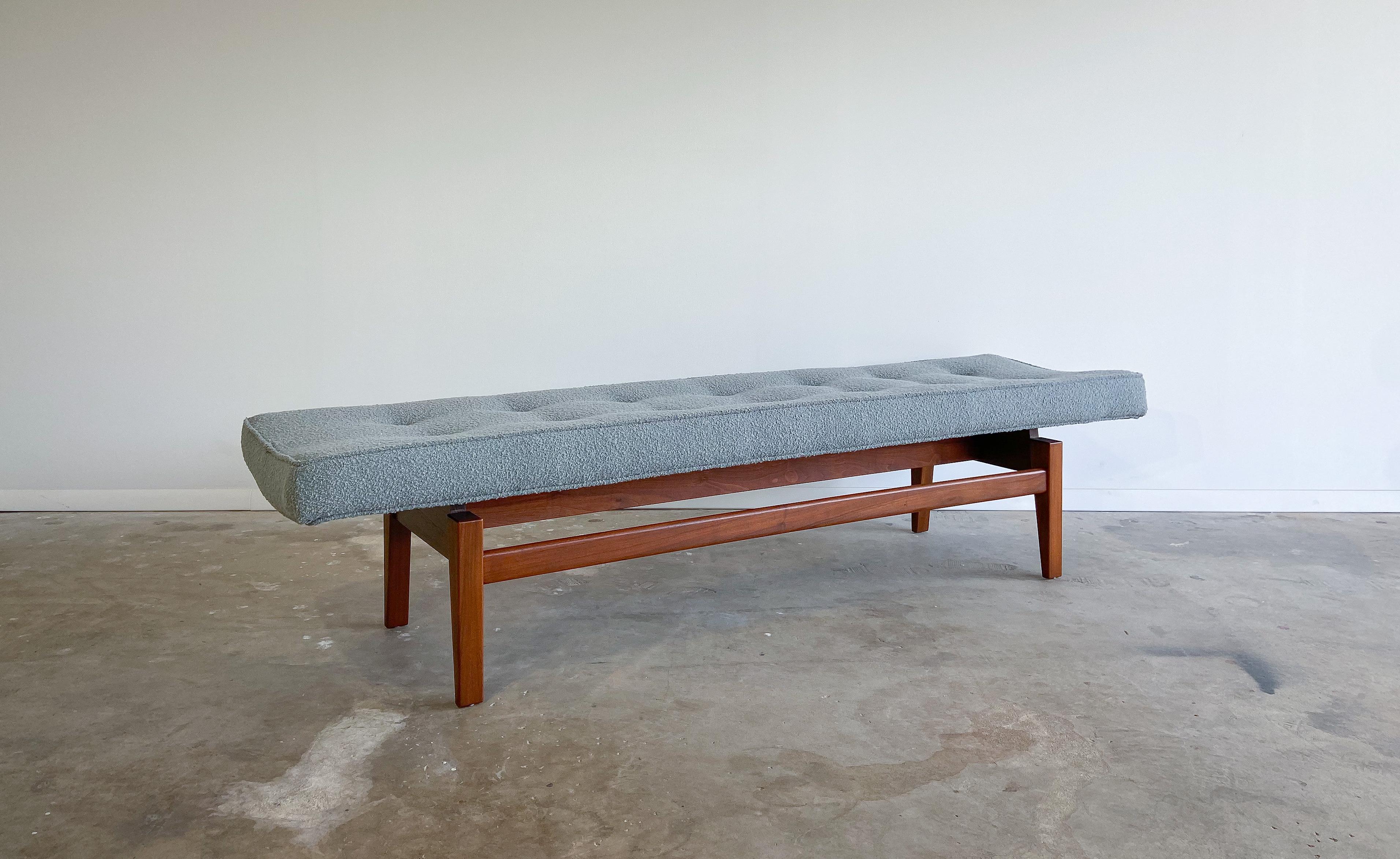 Mid-Century Modern Jens Risom Upholstered Bench, Walnut and Bouclé, 1960s