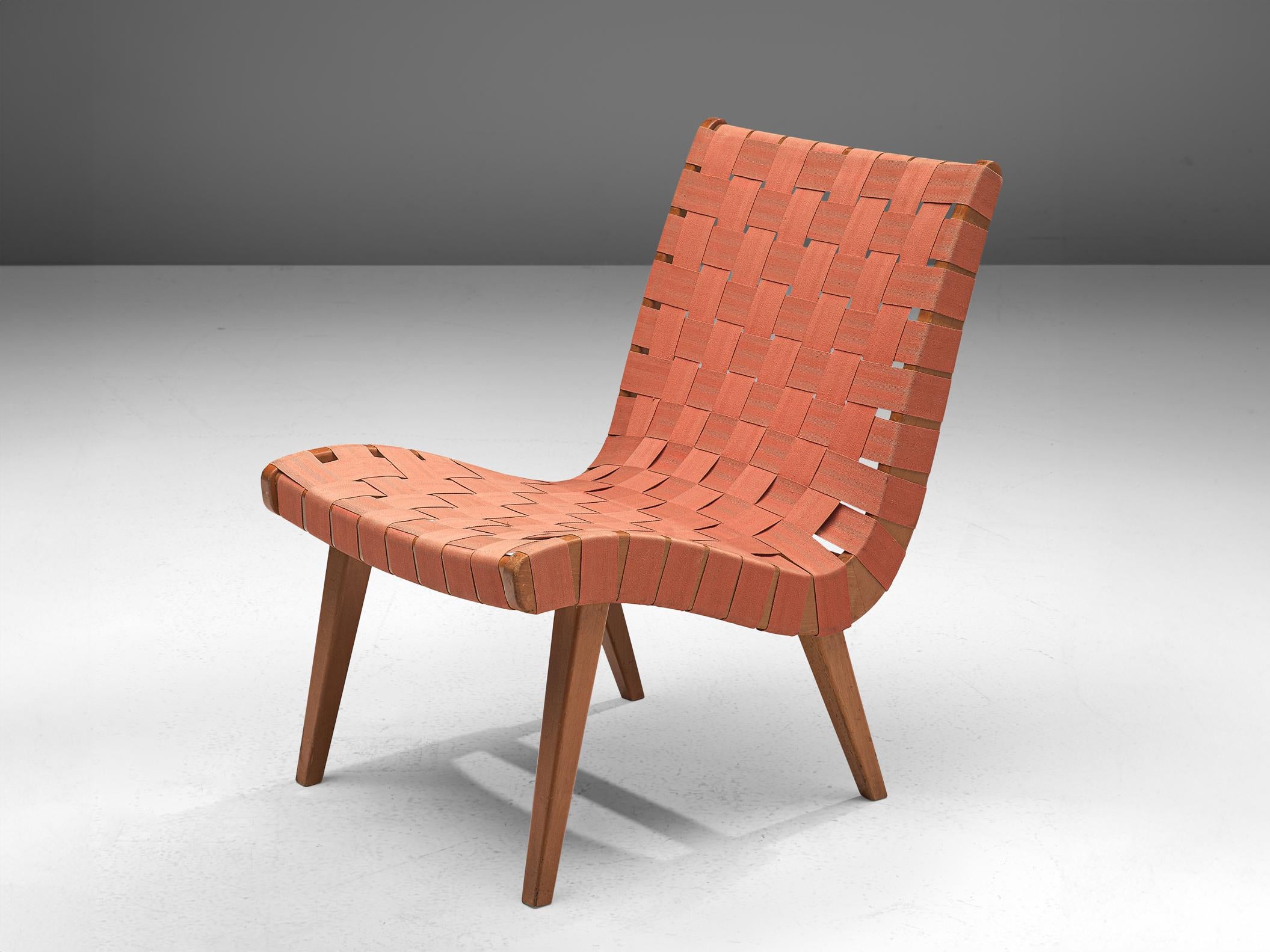 Jens Risom for Walter Knoll, 'Vostra' chair, beech, canvas, brass, United States, design 1941, production 1950s

An elegant lounge chair featuring exquisite canvas webbing, this piece showcases the refined design sensibilities of Jens Risom, who