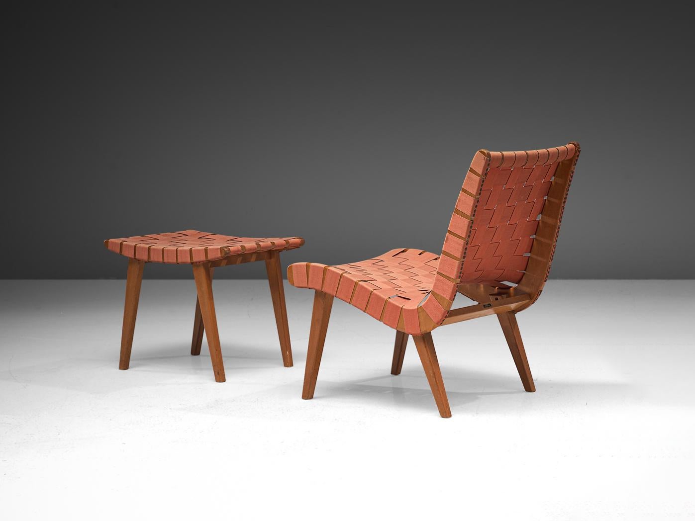 Jens Risom pour Walter Knoll, chaise 'Vostra' avec ottoman, hêtre, toile, laiton, États-Unis, Design 1941, production 1950s

Cette élégante chaise longue avec ottoman, dotée d'une toile exquise, témoigne de la sensibilité au design raffiné de Jens