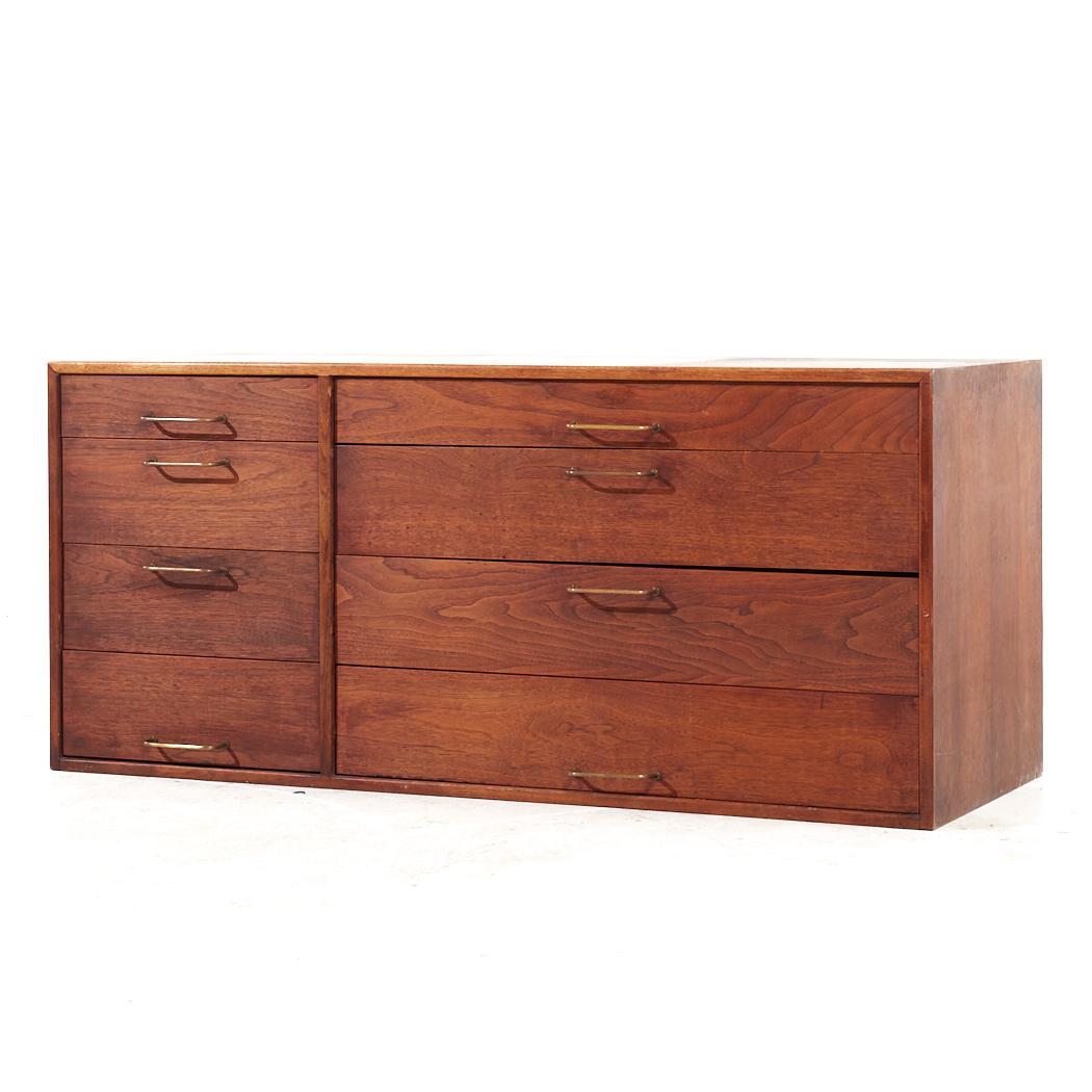 Mid-Century Modern Jens Risom Wall Mounted Walnut and Brass Dresser with Fold Out Desk For Sale