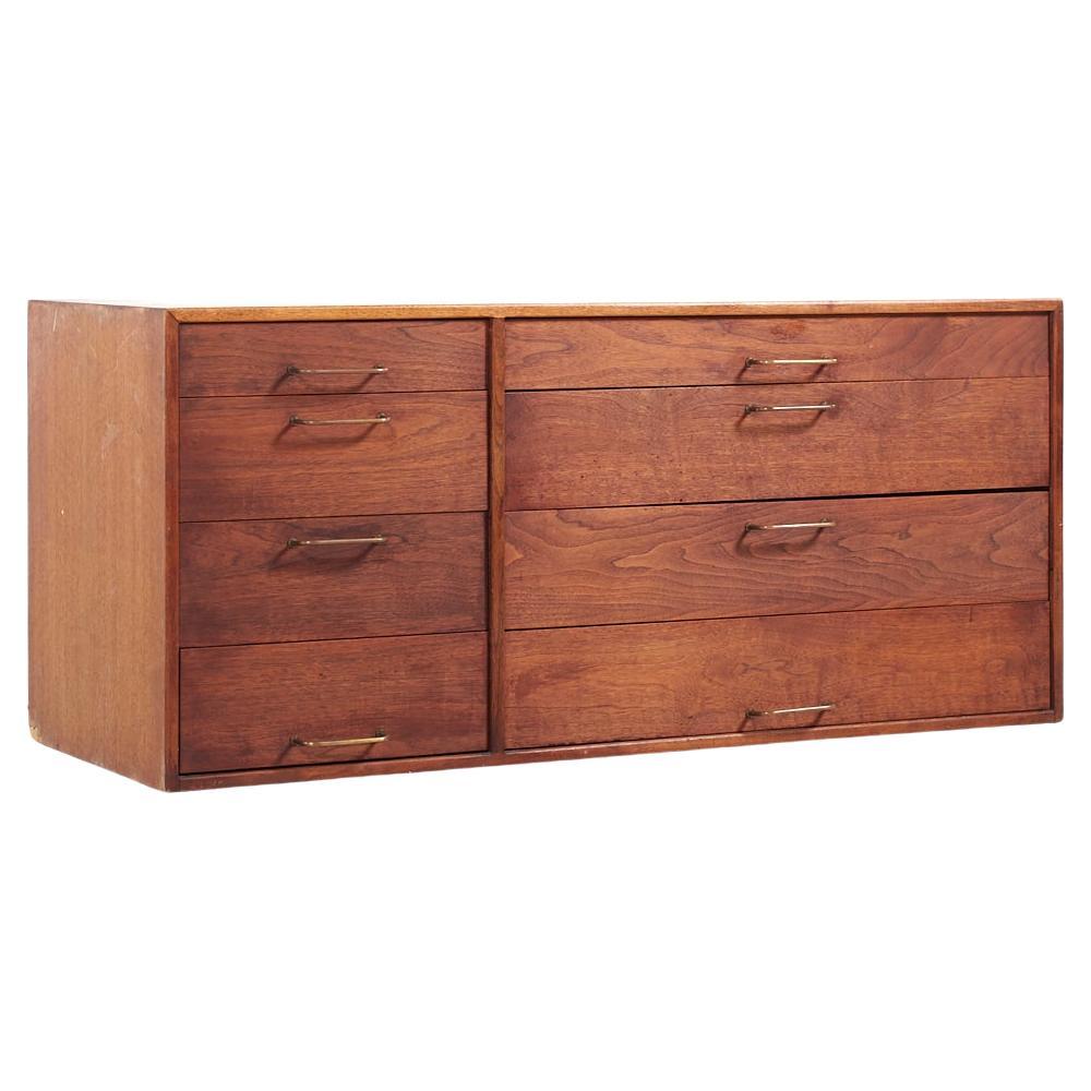 Jens Risom Wall Mounted Walnut and Brass Dresser with Fold Out Desk For Sale