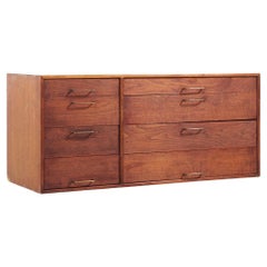 Retro Jens Risom Wall Mounted Walnut and Brass Dresser with Fold Out Desk