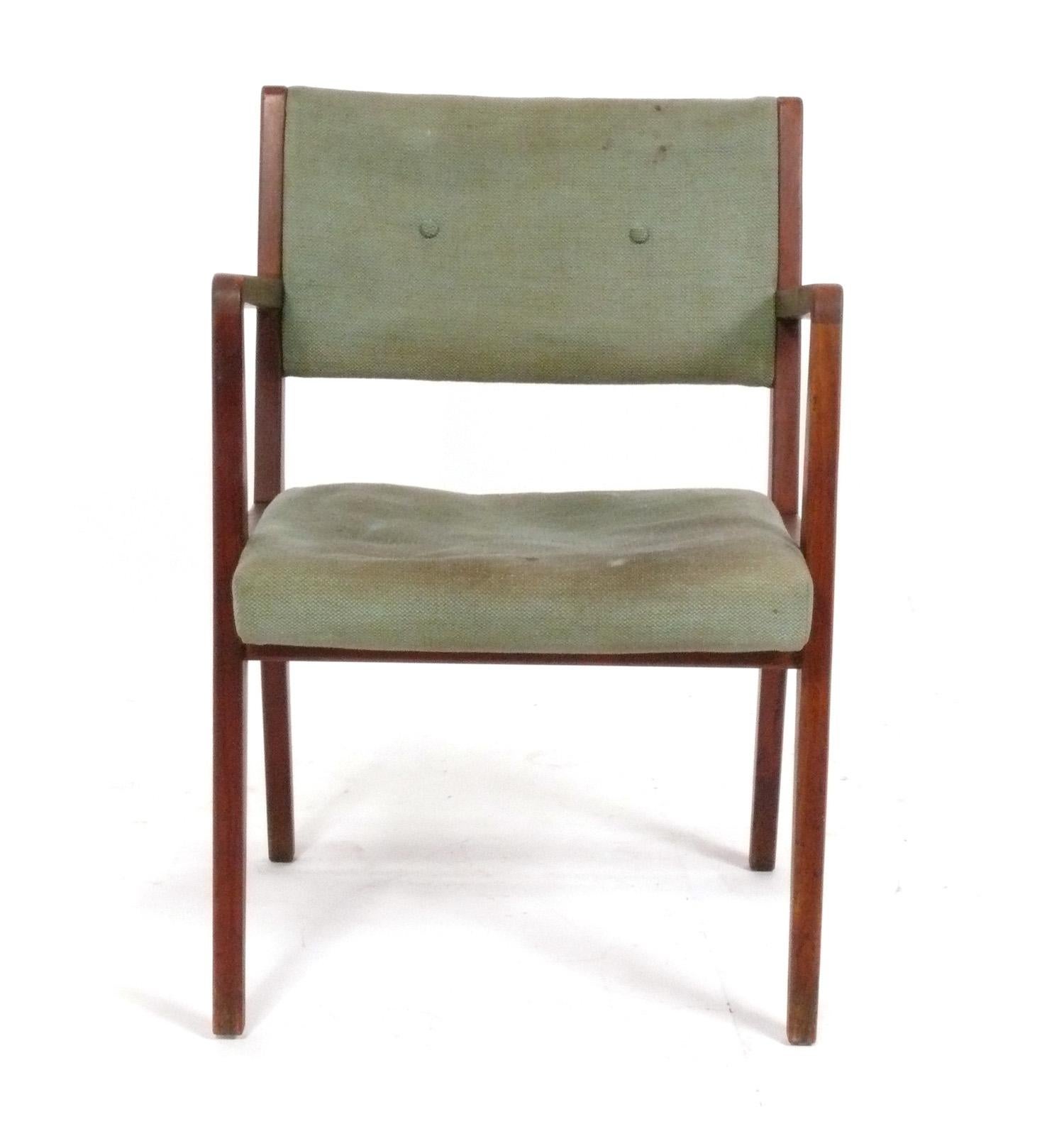 Pair of Clean Lined Mid Century Modern Armchairs, designed by Jens Risom, American, circa 1960s. These chairs are currently being reupholstered and can be completed in your fabric. Simply send us 4 yards of your fabric after purchase. The chairs are