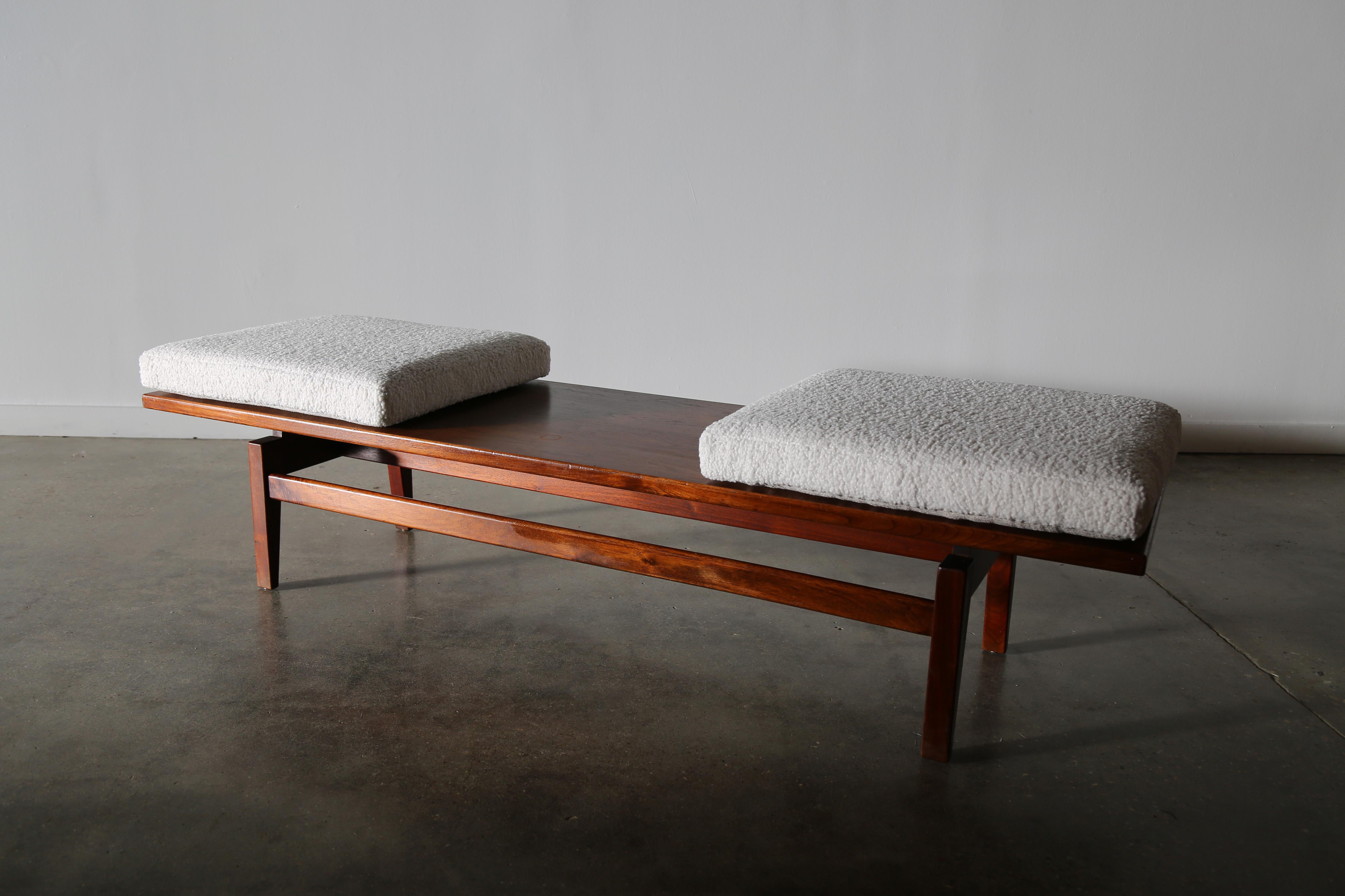 Mid-Century Modern Jens Risom Walnut Bench Coffee Table with Boucle Cushions Mid Century