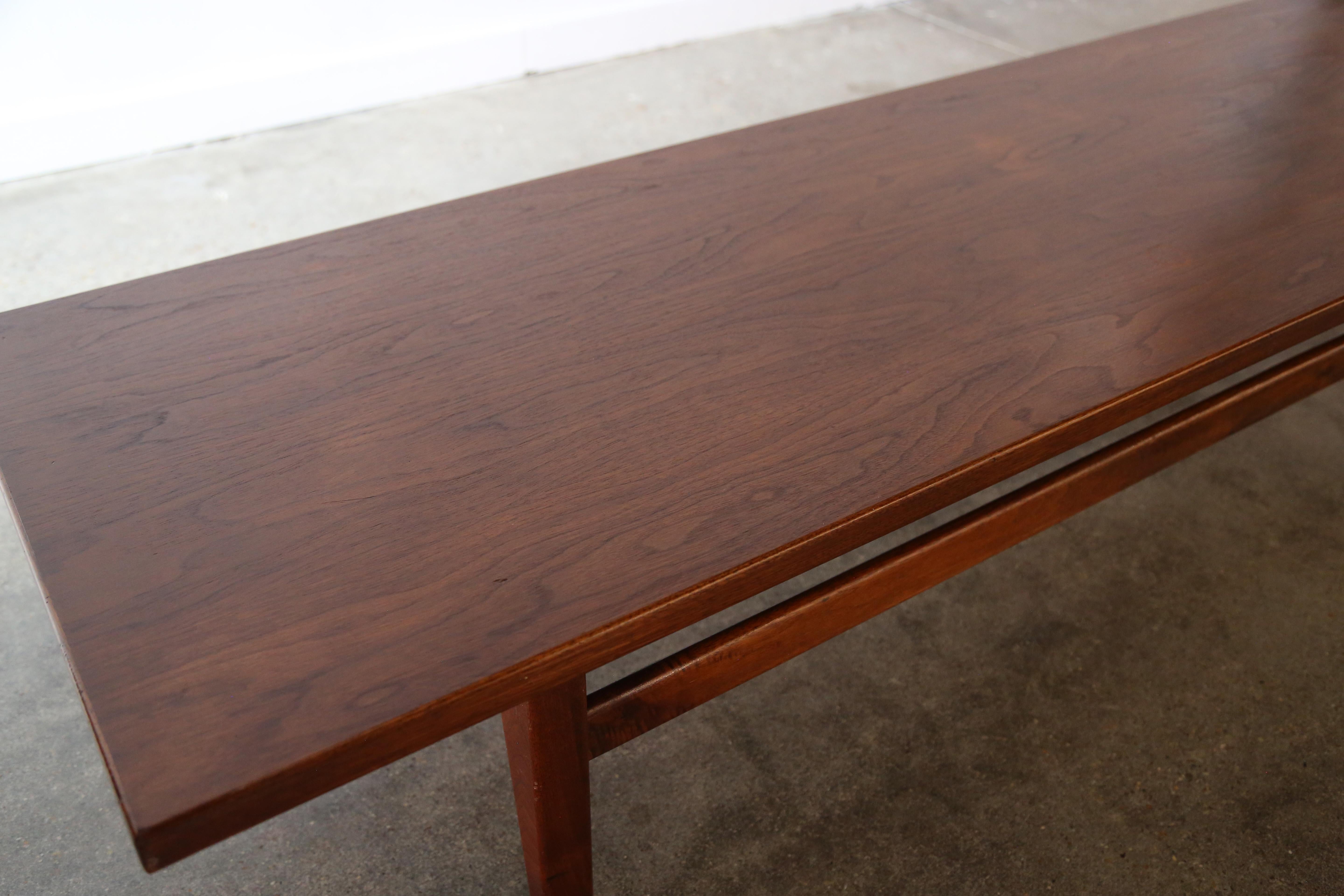 American Jens Risom Walnut Bench Coffee Table with Boucle Cushions Mid Century