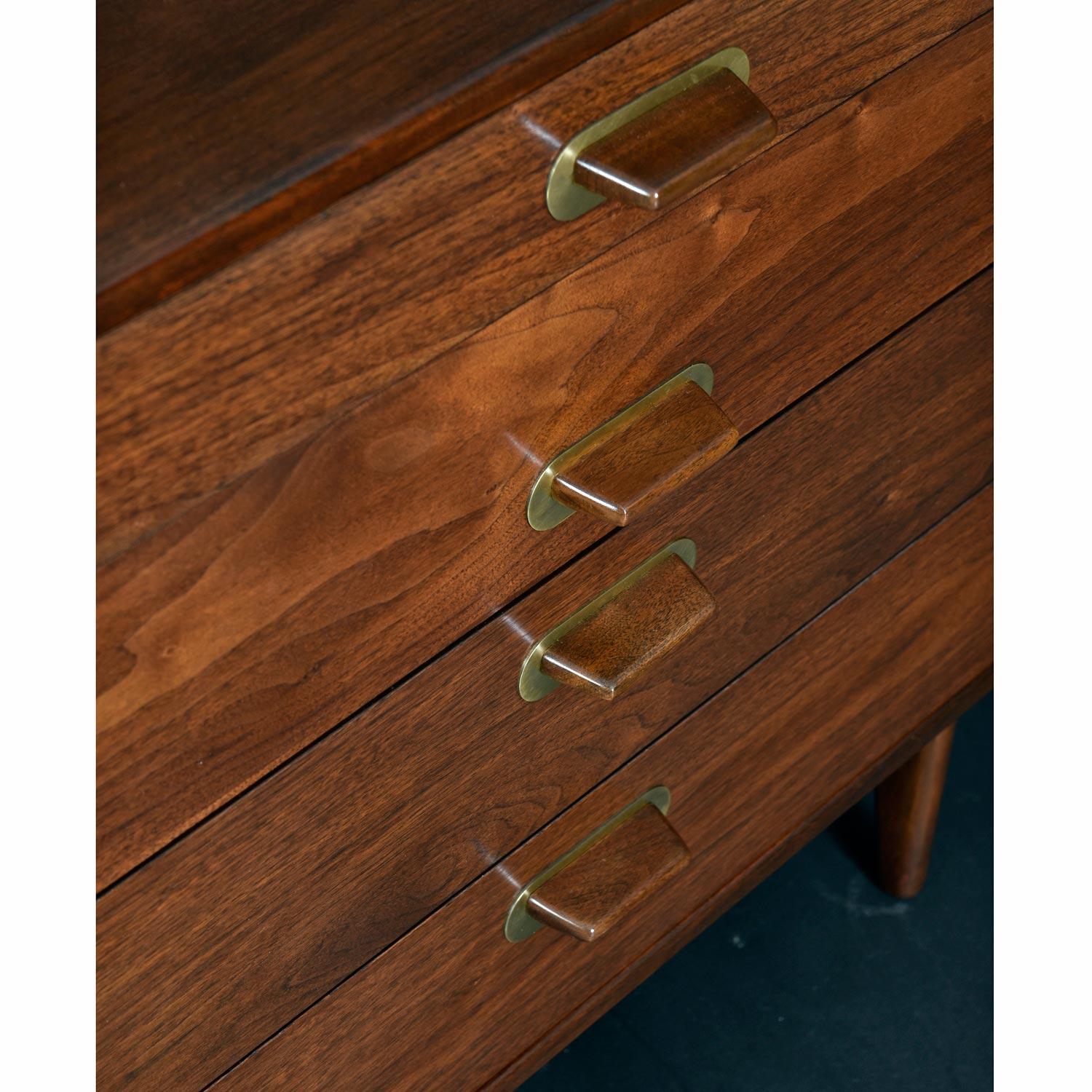 Jens Risom Walnut & Brass Three-Piece Modular Media Cabinet Commode Credenza 9