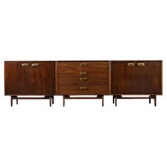 Vintage Jens Risom Walnut & Brass Three-Piece Modular Media Cabinet Commode Credenza