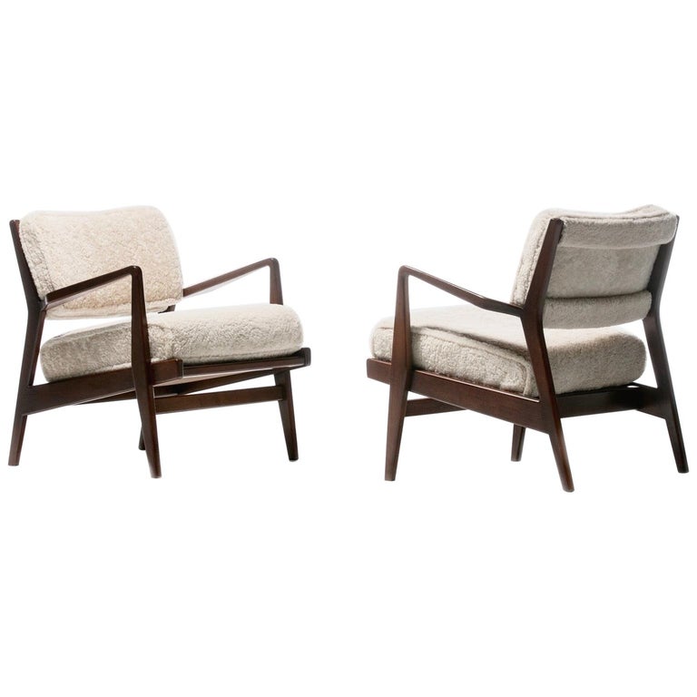 Jens Risom Walnut Lounge Chairs in Ivory Shearling, circa 1950s For Sale