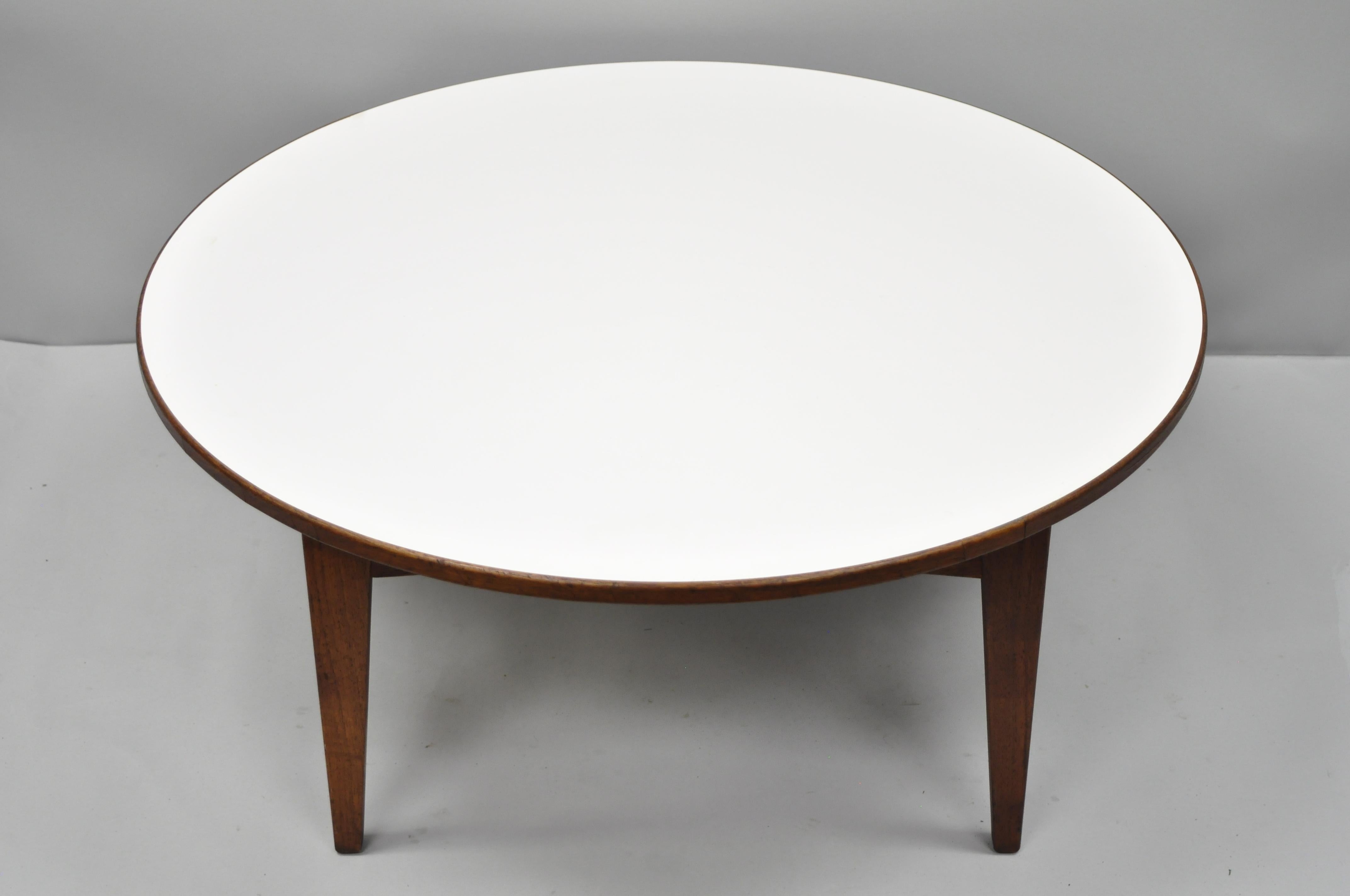 Mid-Century Modern Jens Risom Walnut Round Floating Coffee Table White Laminate Top Midcentury 