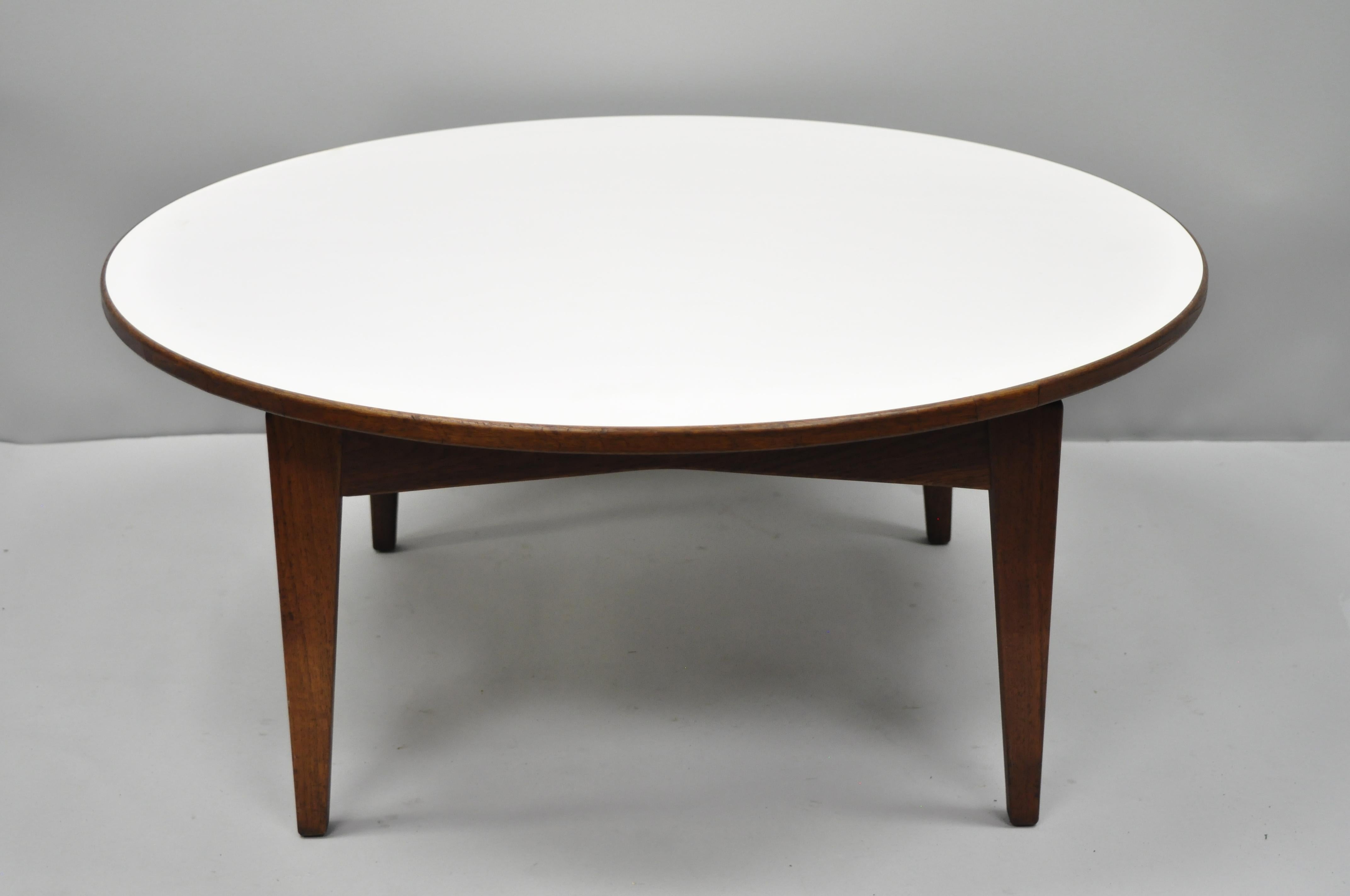 Jens Risom Walnut Round Floating Coffee Table White Laminate Top Midcentury  1