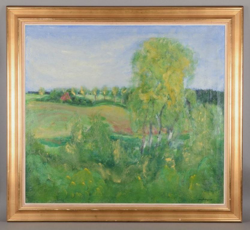Jens Søndergaard (1895-1957), listed Danish painter. 
Modernist landscape. Oil on canvas.
In perfect condition.
Signed: Jens Søndergaard; verso with various dates from 1951 to 1956.
Dimensions: 100 cm x 90 cm.
Total dimensions: 118 cm x 108 cm.