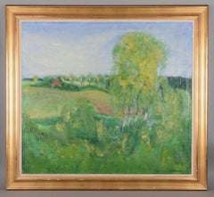 Jens Søndergaard, listed Danish painter. Modernist landscape. Oil on canvas.