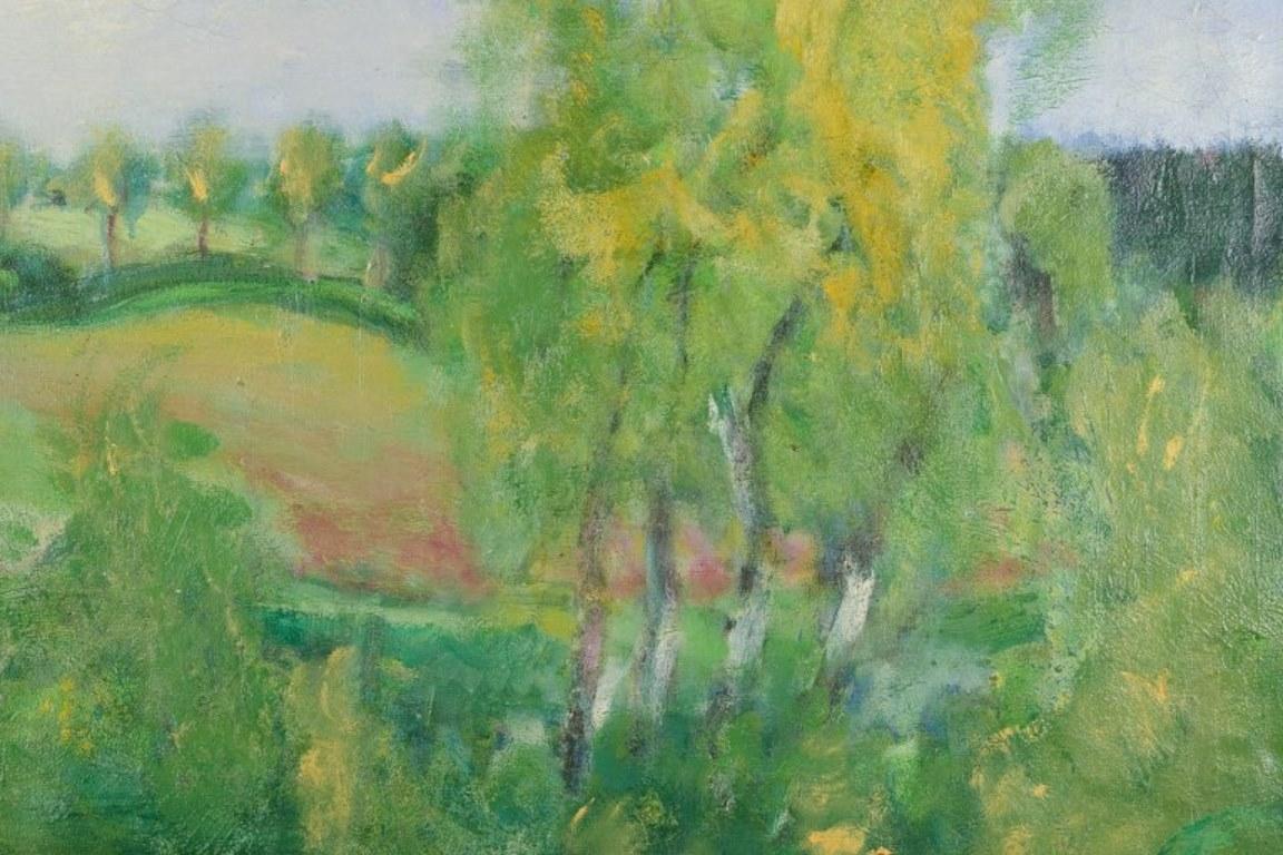 Mid-20th Century Jens Søndergaard, listed Danish painter. Modernist landscape. Oil on canvas. For Sale