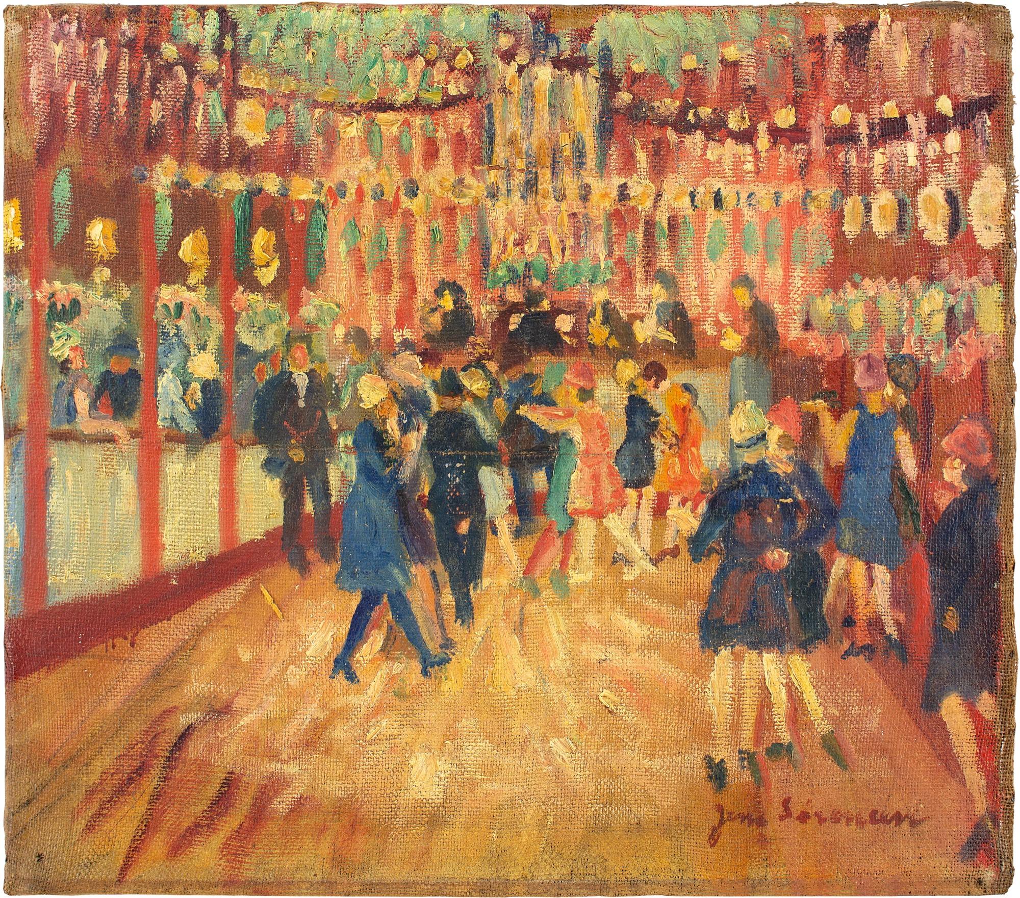Cette peinture à l'huile du début du XXe siècle de l'artiste danois Jens Sørensen (1887-1953) représente une scène animée à Bakken, le plus ancien parc d'attractions du monde.

Jens Sørensen était surtout connu pour ses scènes expressives, en