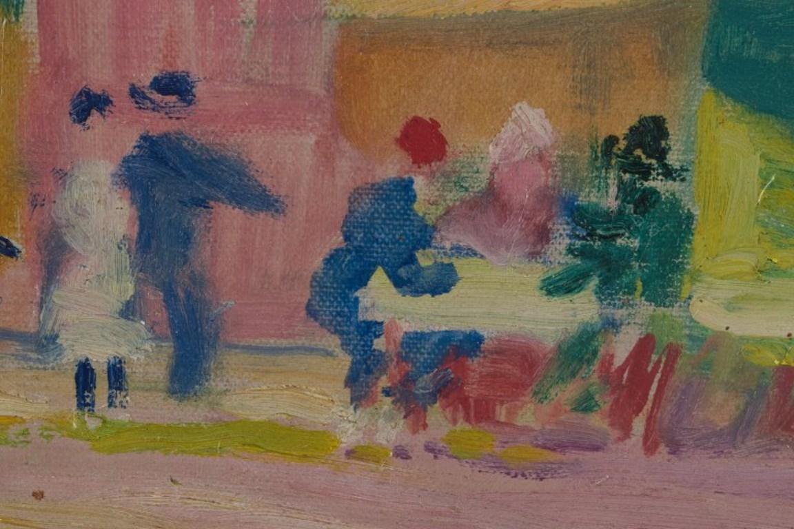20ième siècle Jens Sørensen, huile sur toile montée sur carton. Style moderniste. Scène d'été  en vente