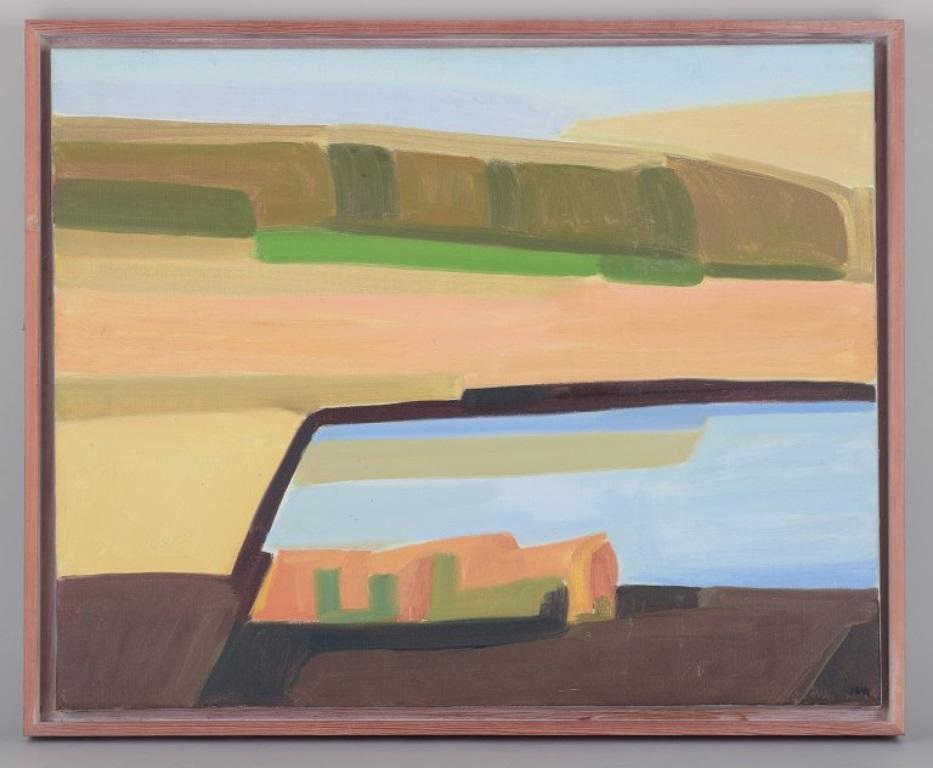Jens Uffe Rasmussen, artista danese. Olio su tela.
Paesaggio modernista.
Tavolozza coloristica.
Struttura galleggiante in Oak.
Firmato JUR e datato 98 (1998).
Dimensioni: L 60,0 cm. x H 48,0 cm.
Totale: 64,0 cm. x 52,0 cm.
