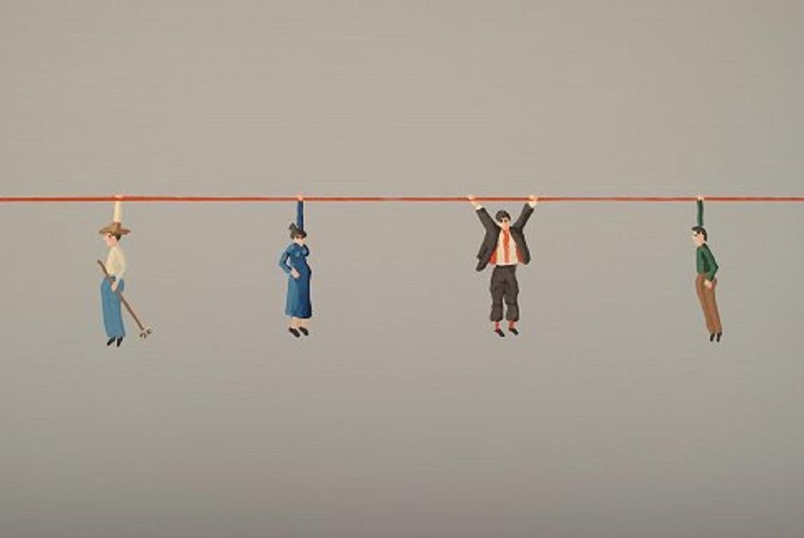 Jens Ulrich Petersen, dänischer Künstler, Öl / Leinwand, Männer auf String im Zustand „Hervorragend“ im Angebot in Copenhagen, DK