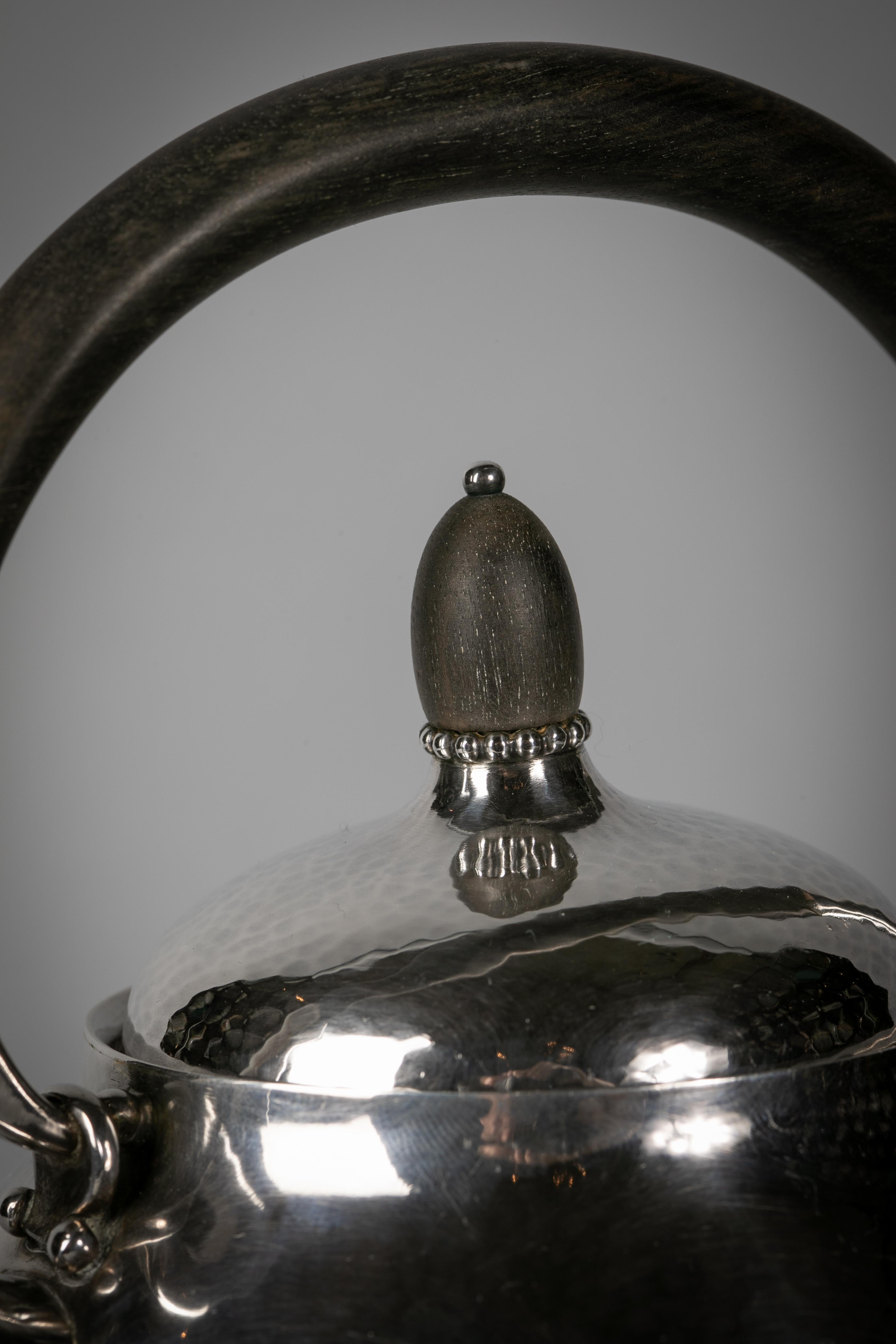 Danish Jensen Sterling Silver Kettle on Stand with Ebony finial and Handle, circa 1920 For Sale