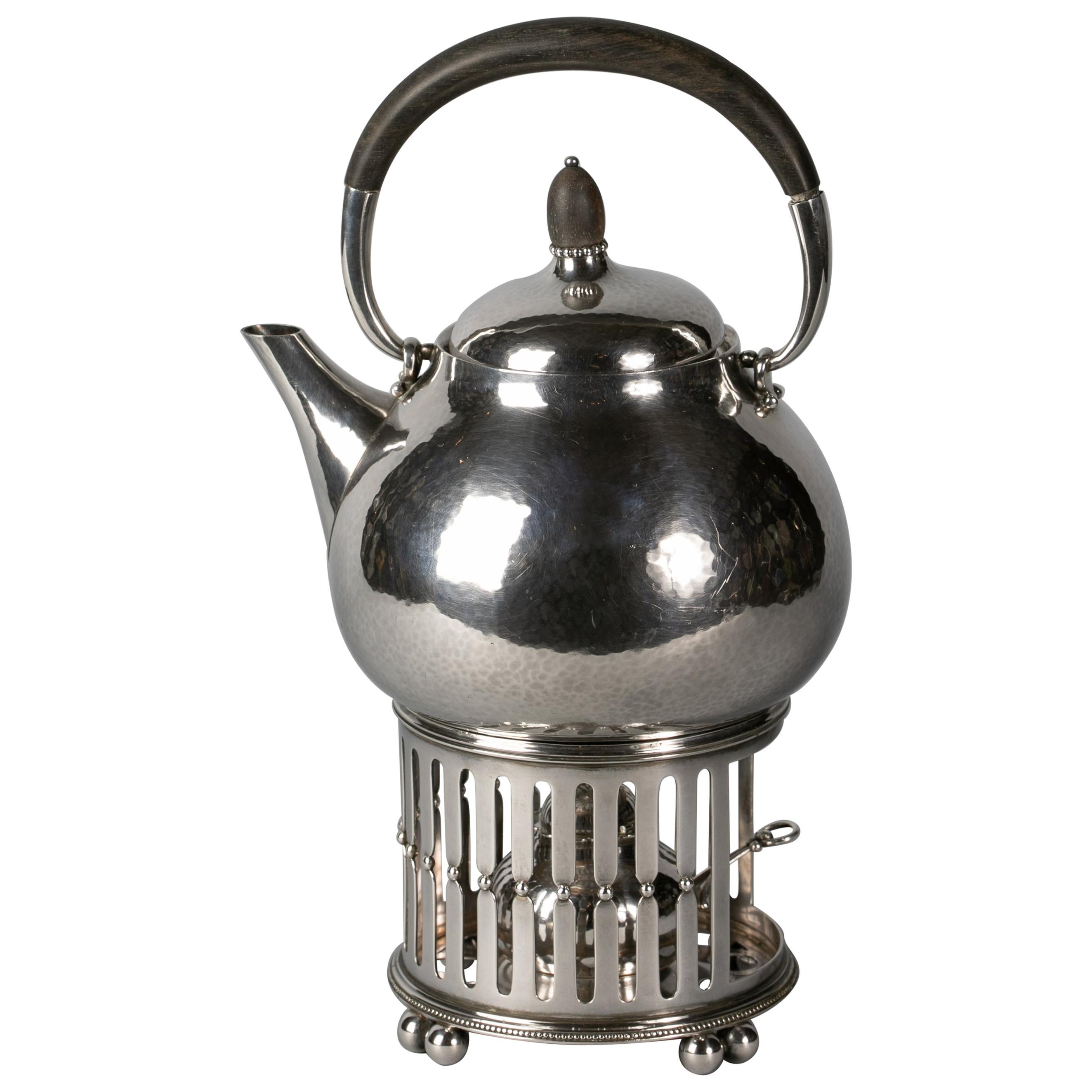Jensen Sterling Silver Kettle on Stand with Ebony finial and Handle, circa 1920 For Sale