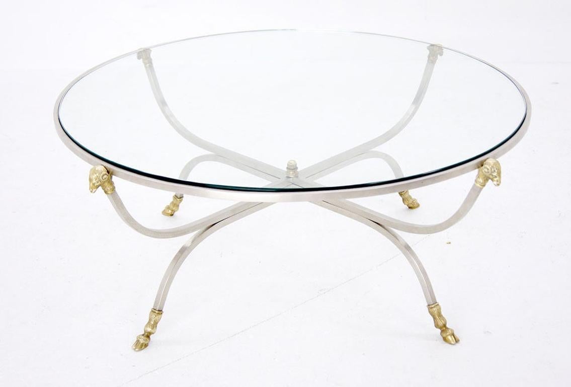 Jensen Style Steel and Brass Hoof and Ram's Head Coffee Table For Sale 1