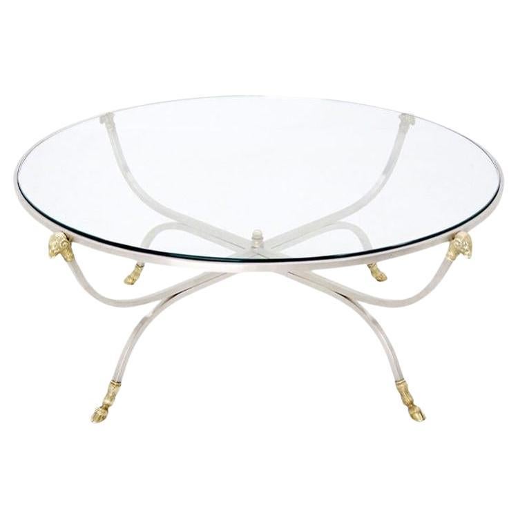 Jensen Style Steel and Brass Hoof and Ram's Head Coffee Table For Sale