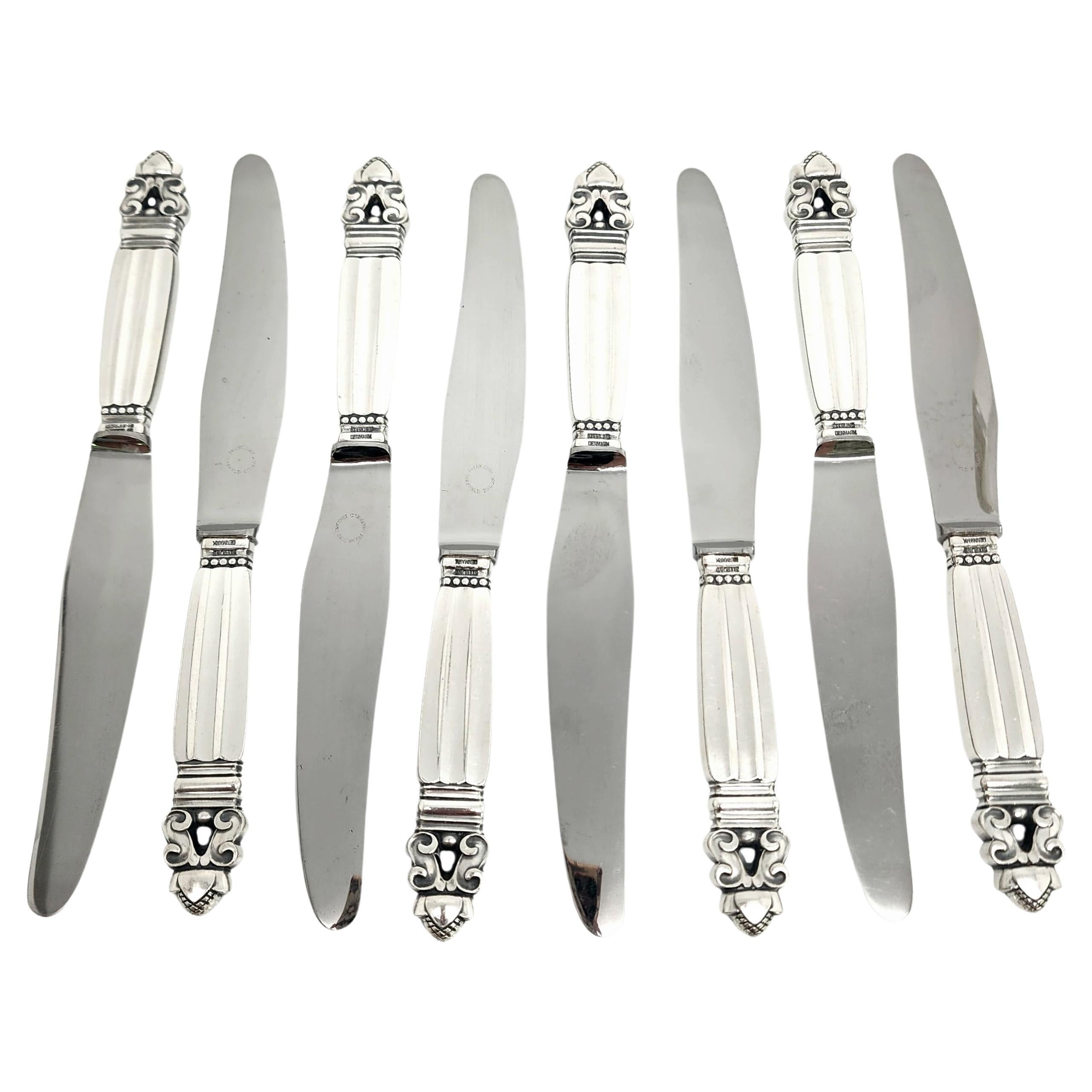 Jensen & Wendel Denmark Acorn Sterling Handle Stainless Blade Knives 8" #14923 For Sale