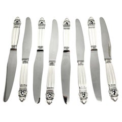 Retro Jensen & Wendel Denmark Acorn Sterling Handle Stainless Blade Knives 8" #14923