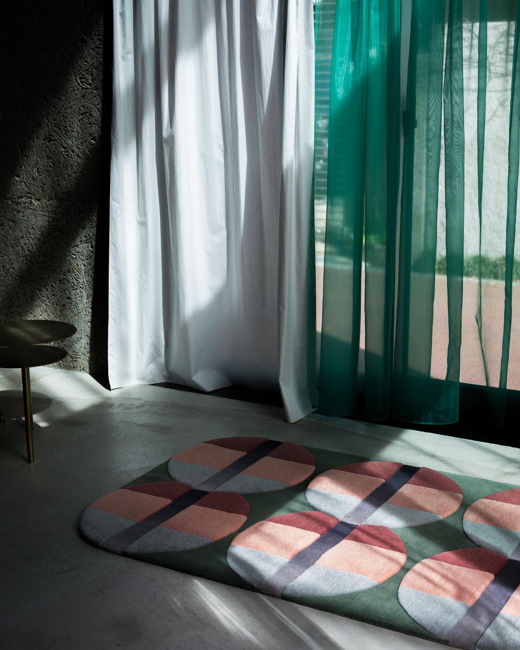Modern Jensin Okunishi Studio Green and Pink Round Edge Wool Gems Rug For Sale