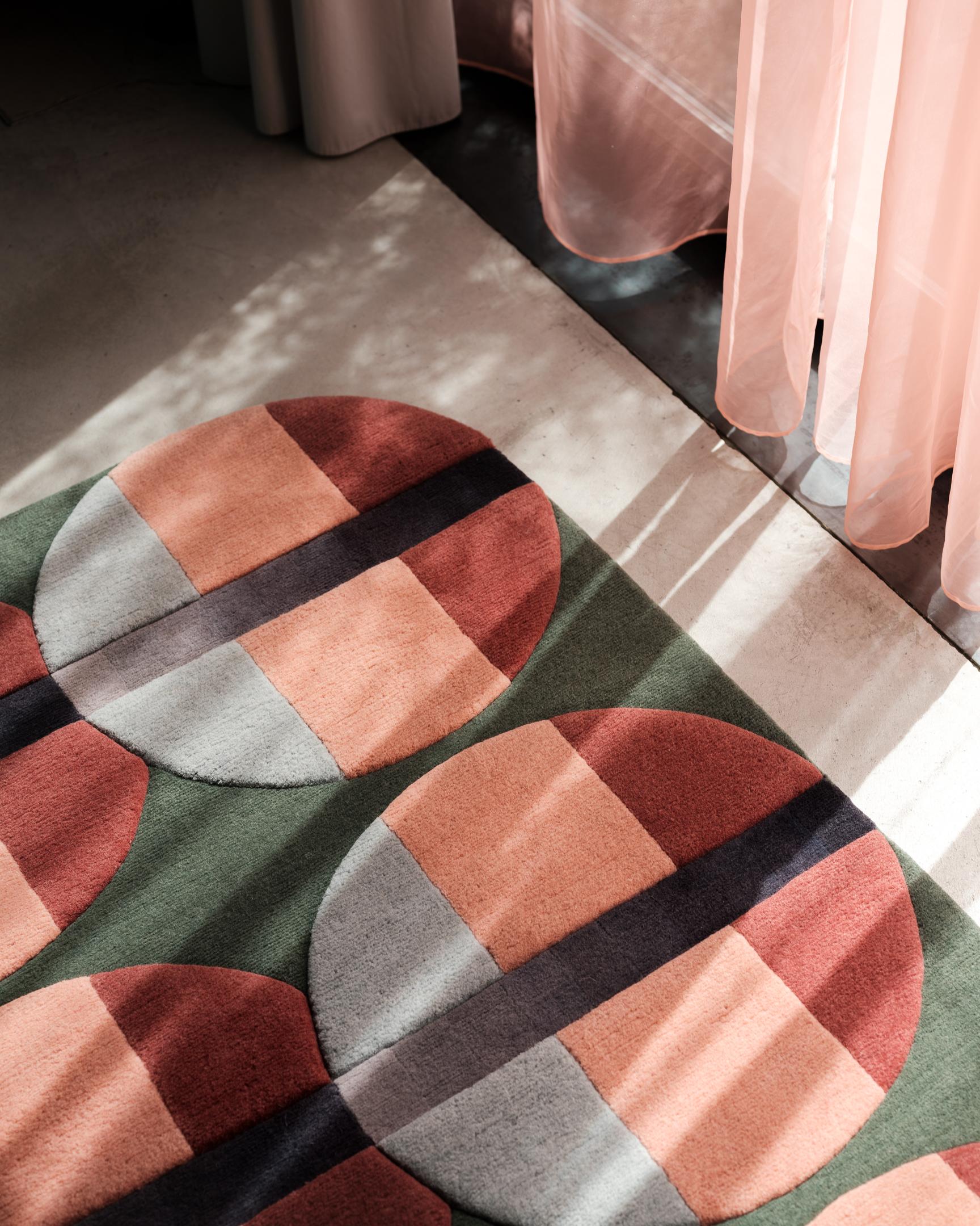 Nepalese Jensin Okunishi Studio Green and Pink Round Edge Wool Gems Rug For Sale