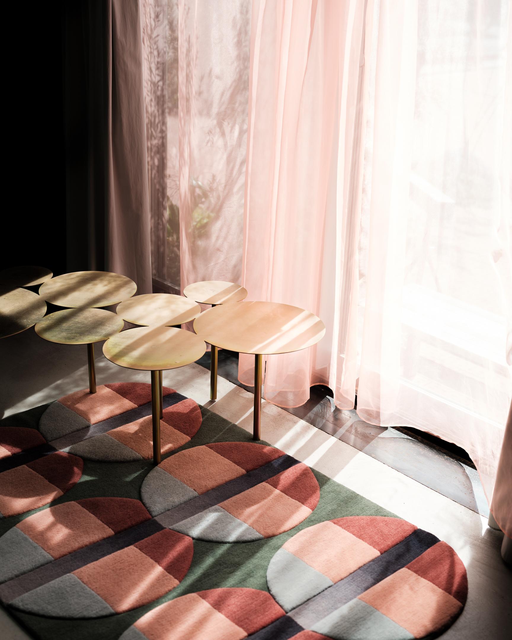 Hand-Knotted Jensin Okunishi Studio Green and Pink Round Edge Wool Gems Rug For Sale