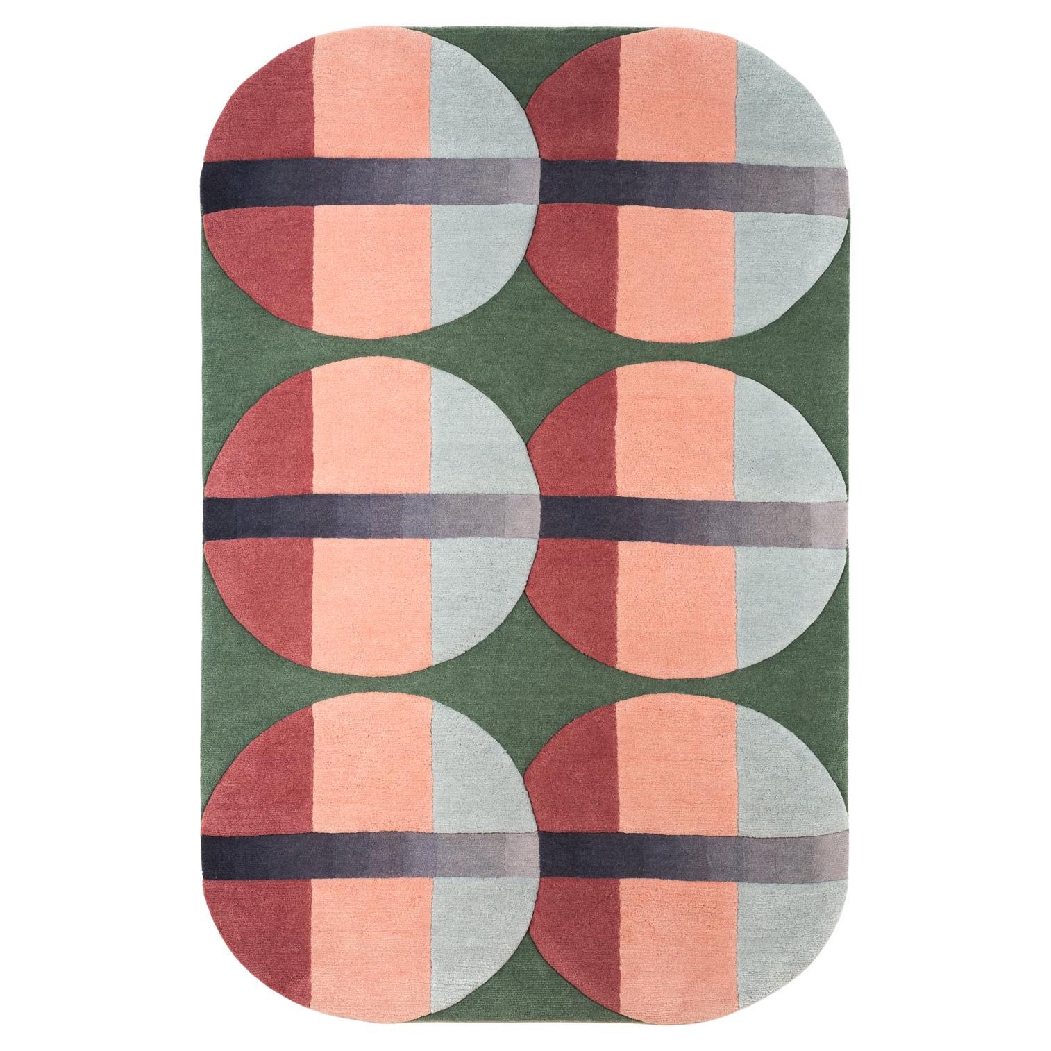 Jensin Okunishi Studio Green and Pink Round Edge Wool Gems Rug For Sale
