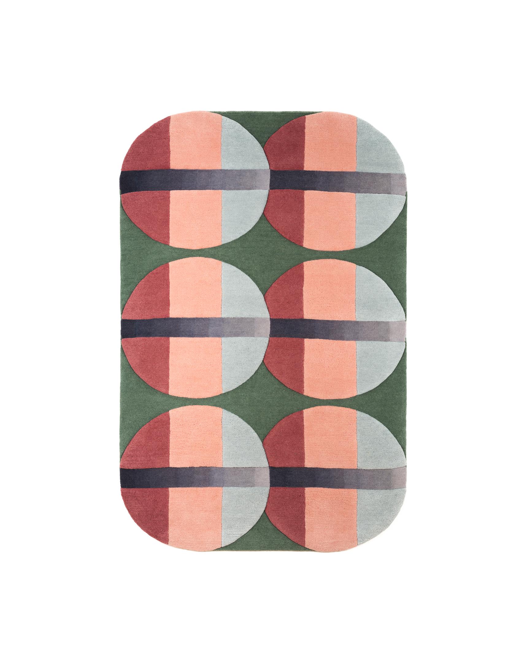 Contemporary Jensin Okunishi Studio Green and Pink Round Edge Wool Gems Rug For Sale