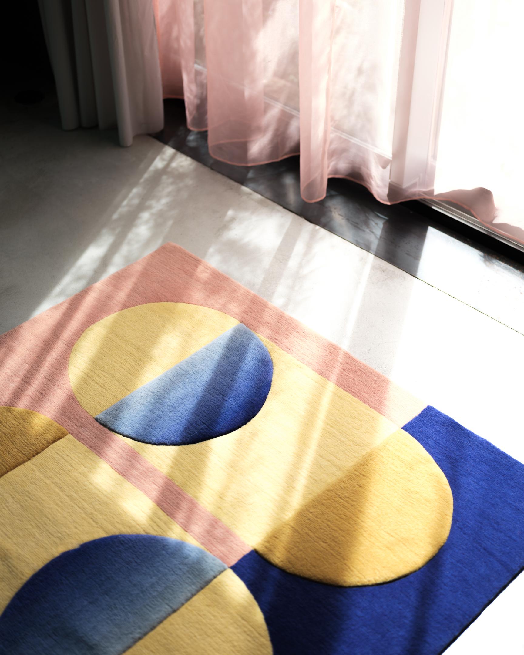 Modern Jensin Okunishi Studio Pink and Blue Hand-knotted Wool Moon Pools Rug For Sale