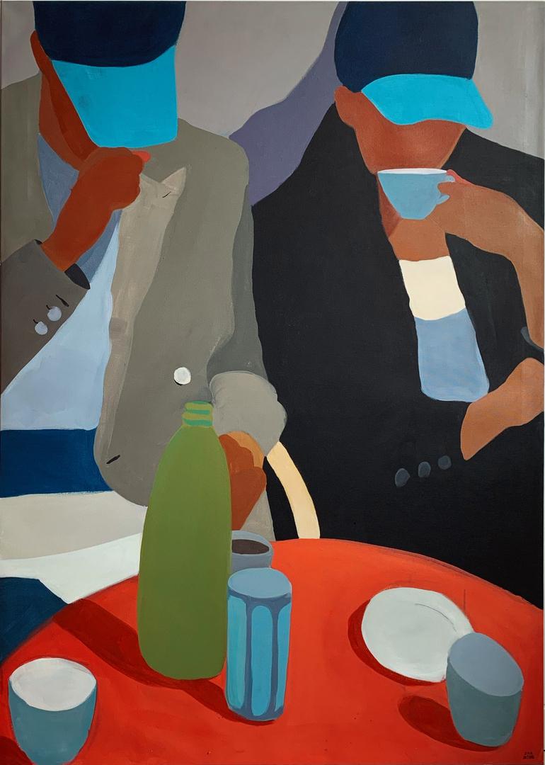 Jenya Datsko Figurative Painting - Morning Coffee, Acrylic on canvas, 140x100cm, 2021