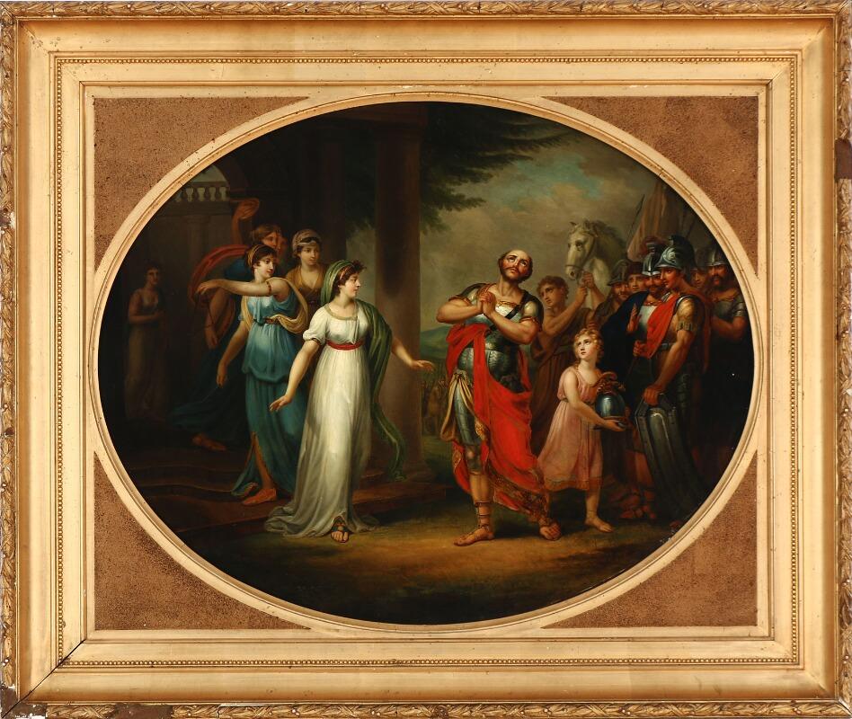 Jephthah the Gileadite returning home after destroying the Ammonite towns. Unsigned. Oil on metal. Scene from The Book of Judges chapter 11, 30–40.