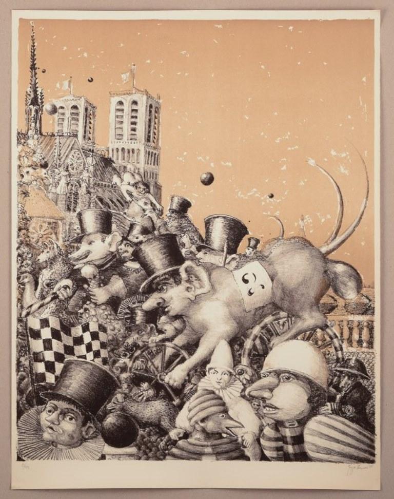 Jeppe Eisner, artiste danoise répertoriée
Lithographie en couleur.
Représentation caricaturale d'une fête urbaine.
Rencontres : 1976
Signé à la main au crayon.
Edition 6/99.
Parfait état.
Dimensions : H 80,0 cm x L 61,5 cm : H 80,0 cm x L 61,5 cm.