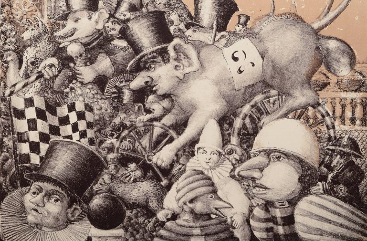 Danois Jeppe Eisner, artiste danoise répertoriée Lithographie couleur représentant un festival urbain. en vente