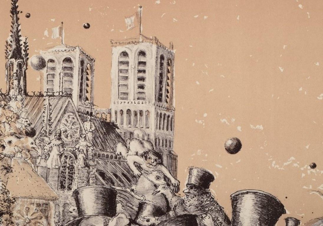 Jeppe Eisner, artiste danoise répertoriée Lithographie couleur représentant un festival urbain. Excellent état - En vente à København, Copenhagen