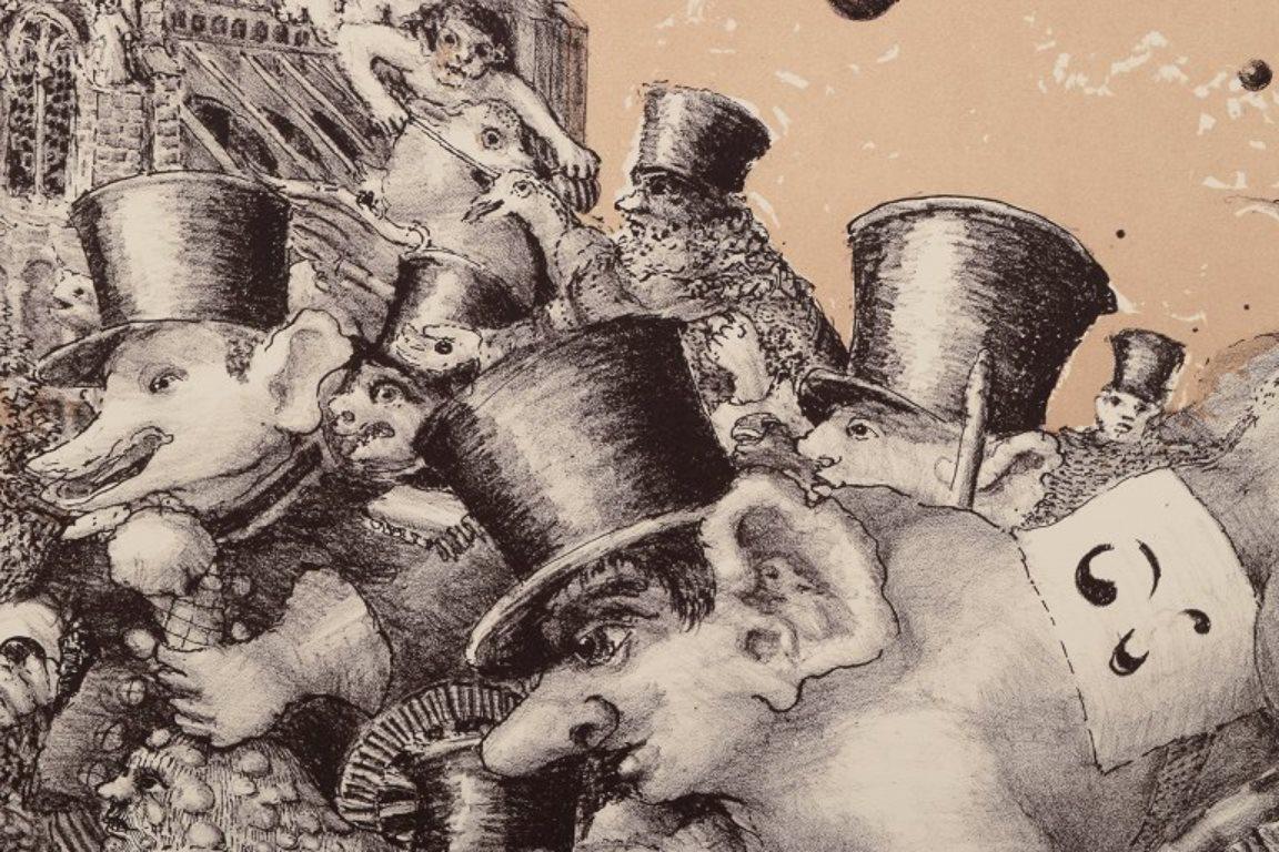 Fin du 20e siècle Jeppe Eisner, artiste danoise répertoriée Lithographie couleur représentant un festival urbain. en vente