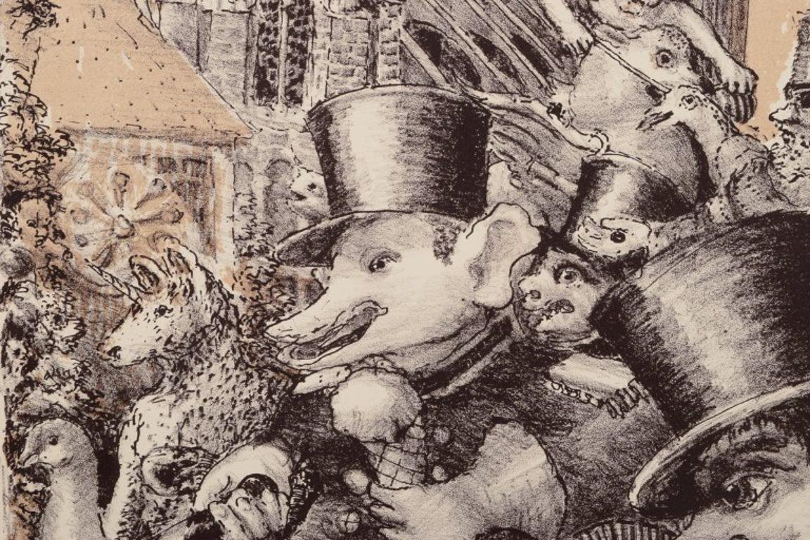 Jeppe Eisner, artiste danoise répertoriée Lithographie couleur représentant un festival urbain. en vente 1