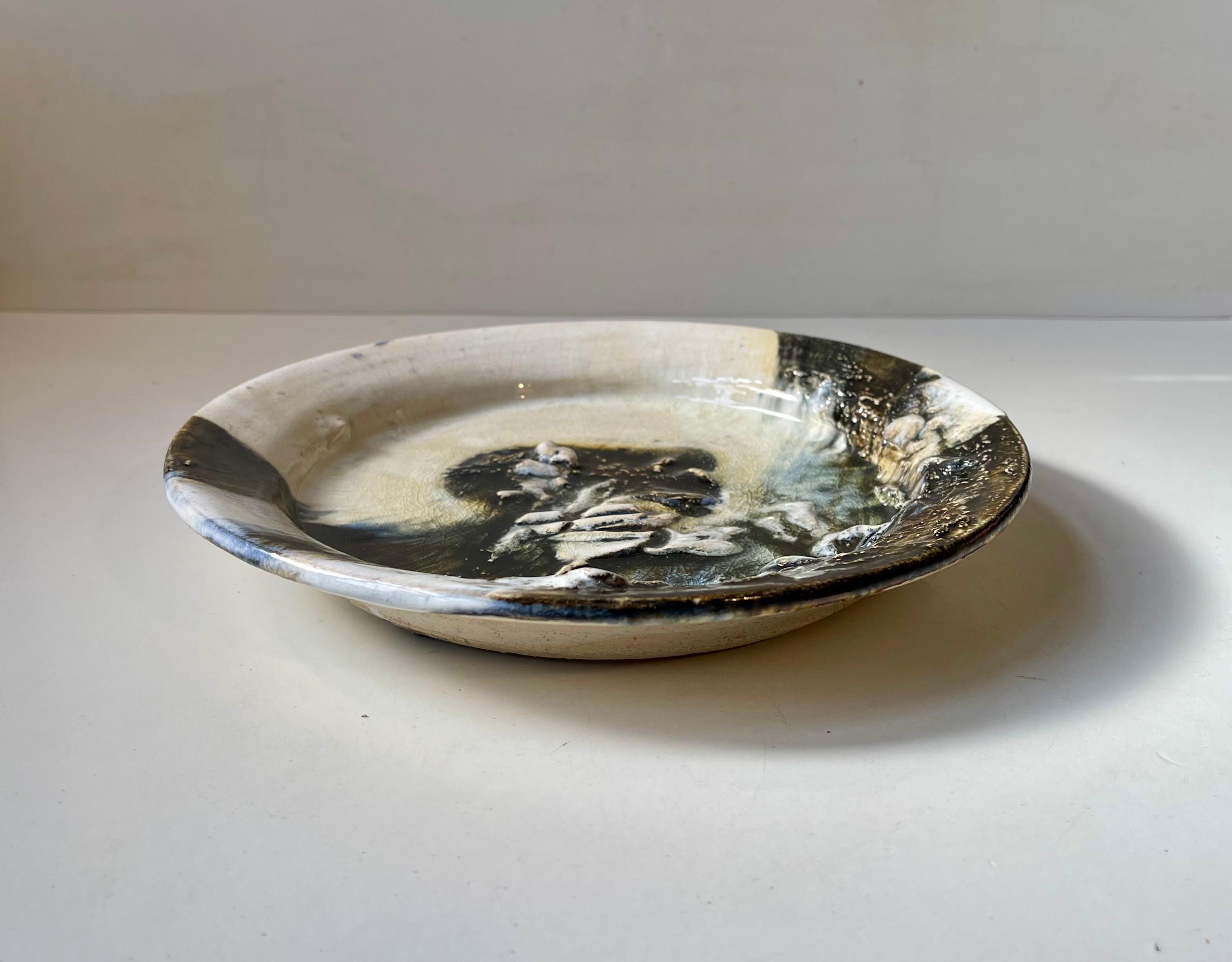 Danish Jeppe Hagedorn-Olsen Glazed Ceramic Dish with Abstract Motif For Sale