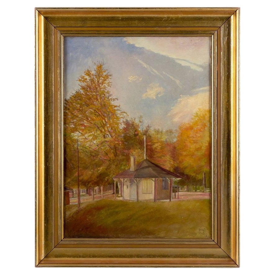 Jeppe Madsen-Ohlsen. Oil on canvas. View of pavilion in Christiansfeld. For Sale