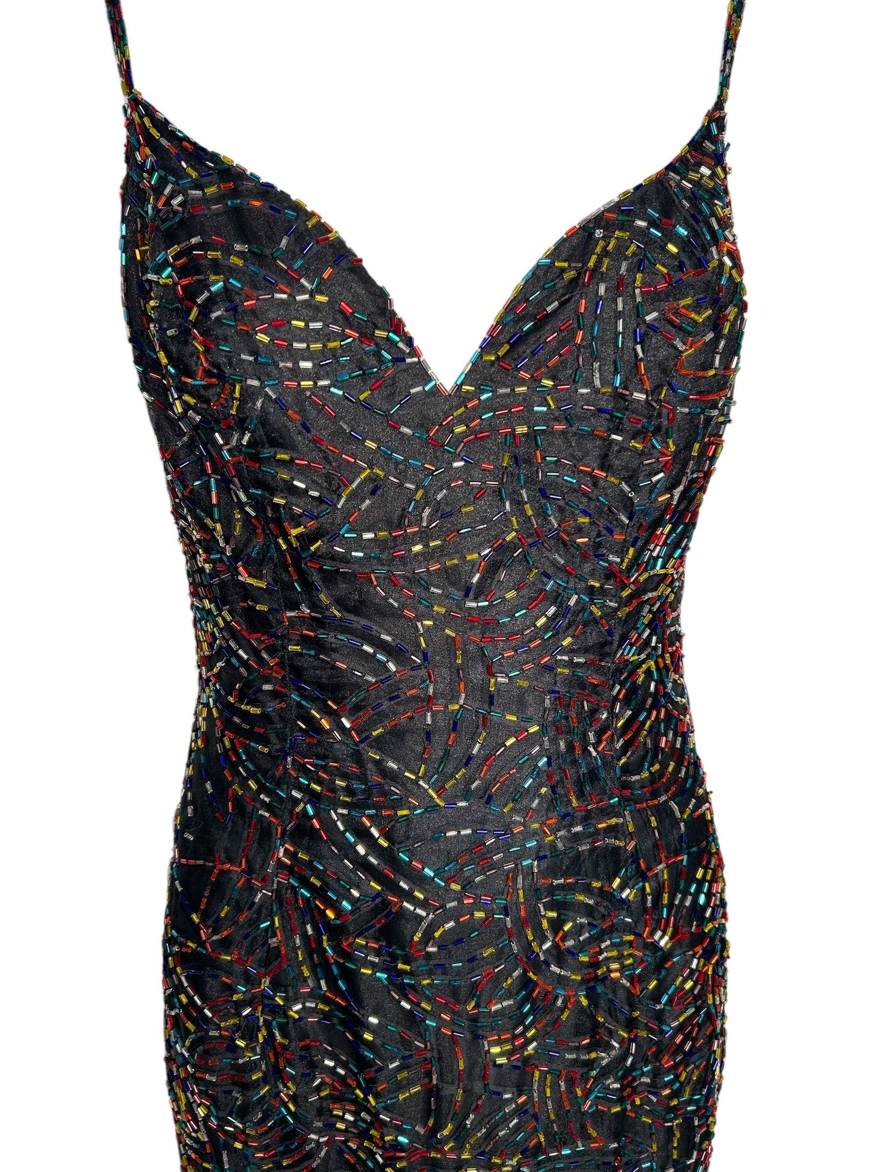 Black Jeran Rainbow Beaded Gown + Jacket, 1990s For Sale